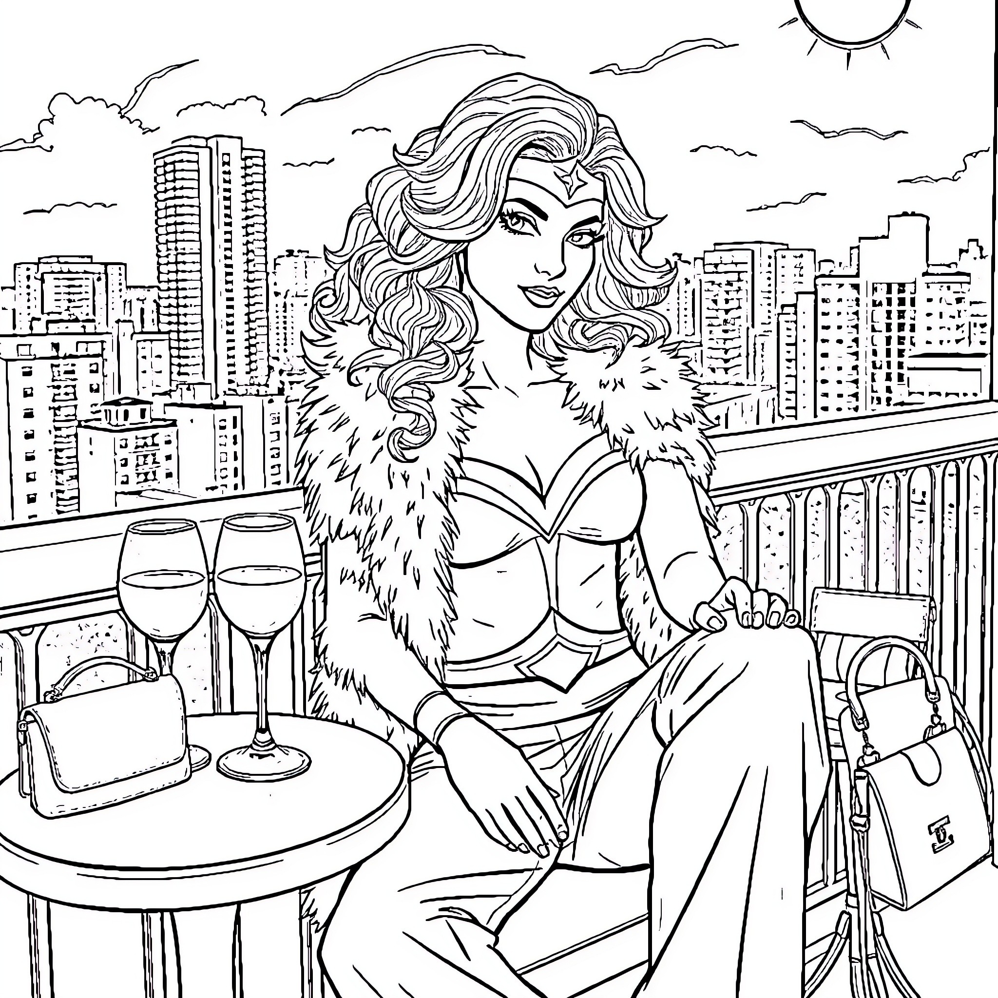 Wonder Woman enjoying a cityscape on her balcony Coloring Page (free black-and-white line drawing printable PDF for all, from beginners to advanced learners, including children, teens, adults, and seniors)