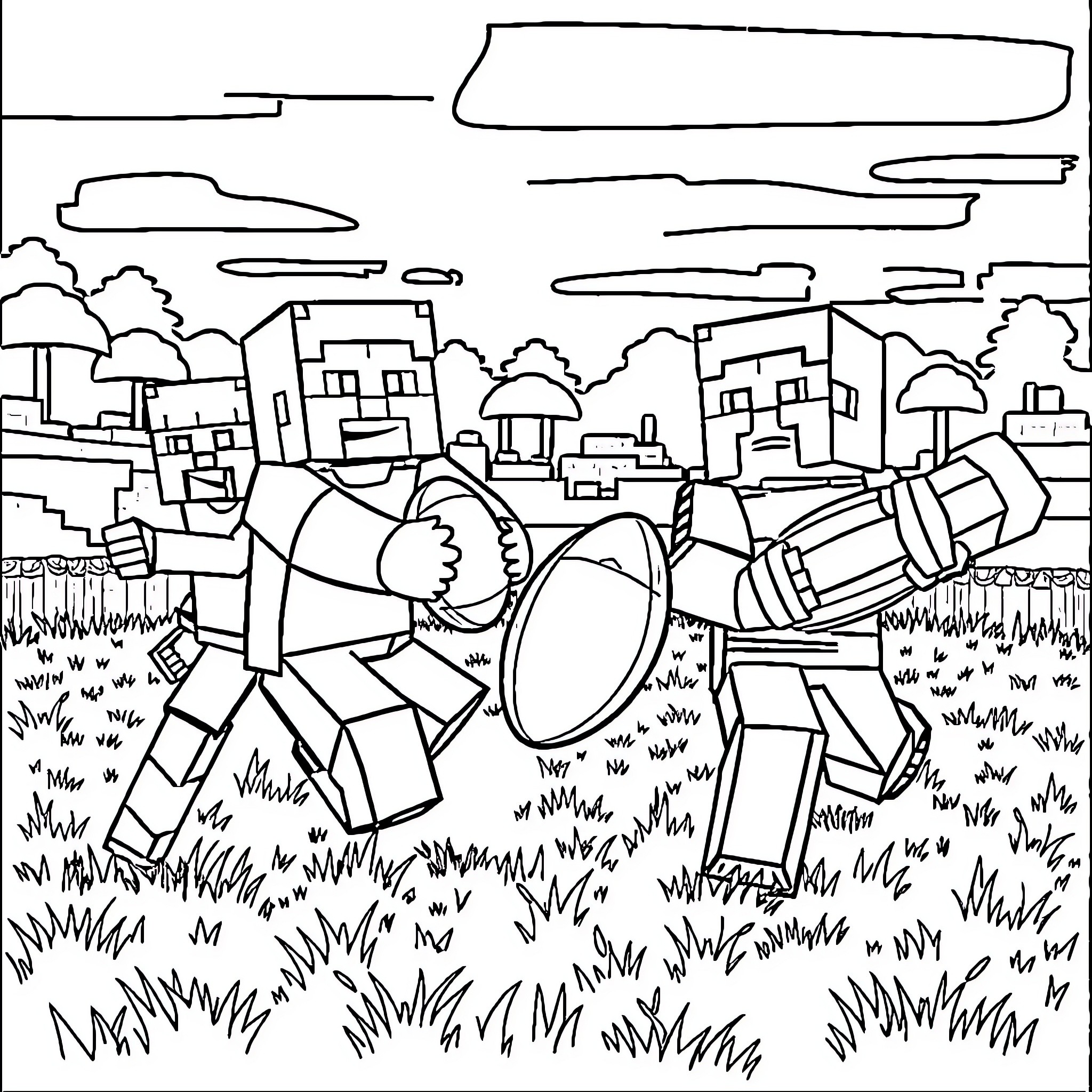 Minecraft characters exploring the grassy landscape Coloring Page (free black-and-white line drawing printable PDF for all, from beginners to advanced learners, including children, teens, adults, and seniors)