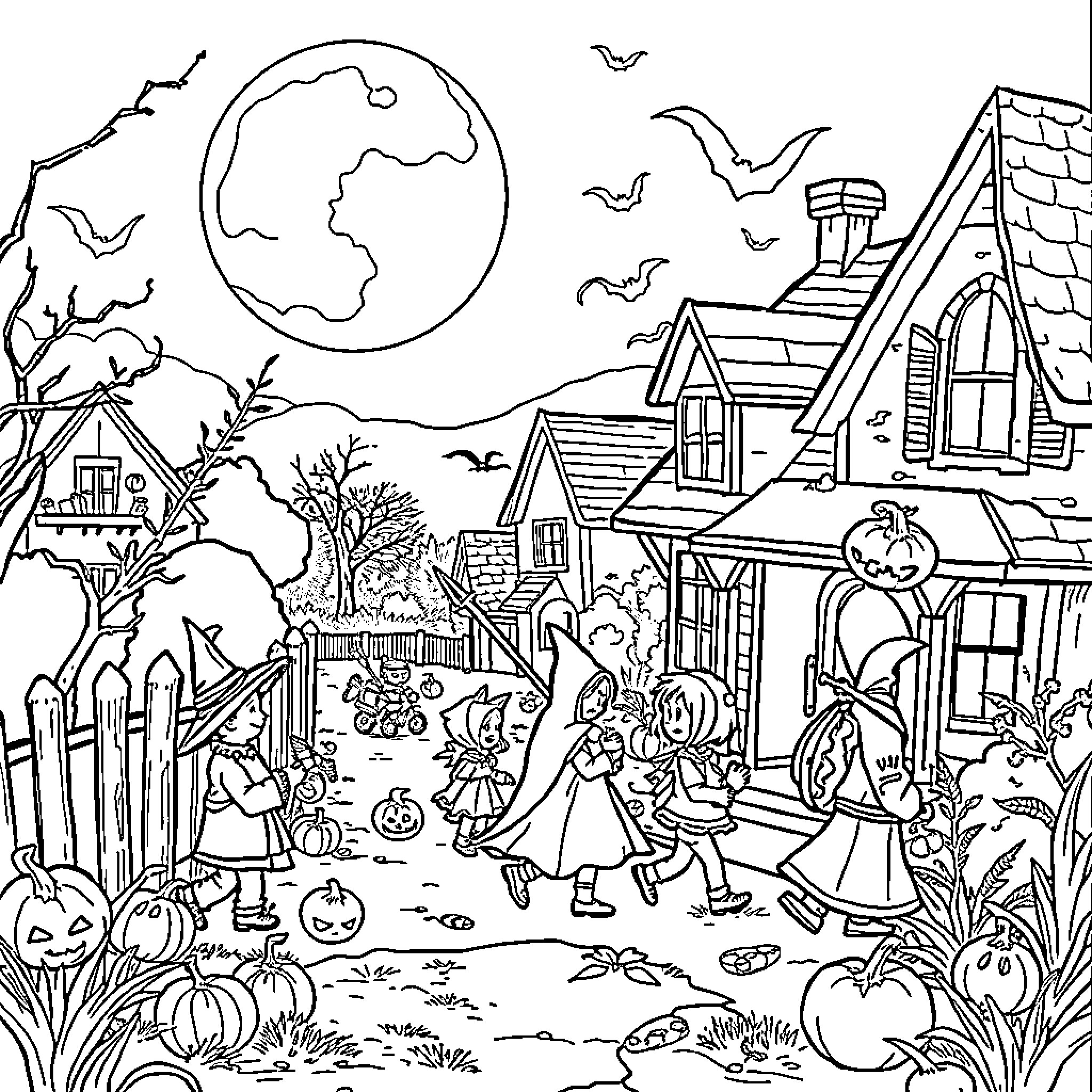 Halloween fun in the neighborhood Coloring Page (free black-and-white line drawing printable PDF for all, from beginners to advanced learners, including children, teens, adults, and seniors)