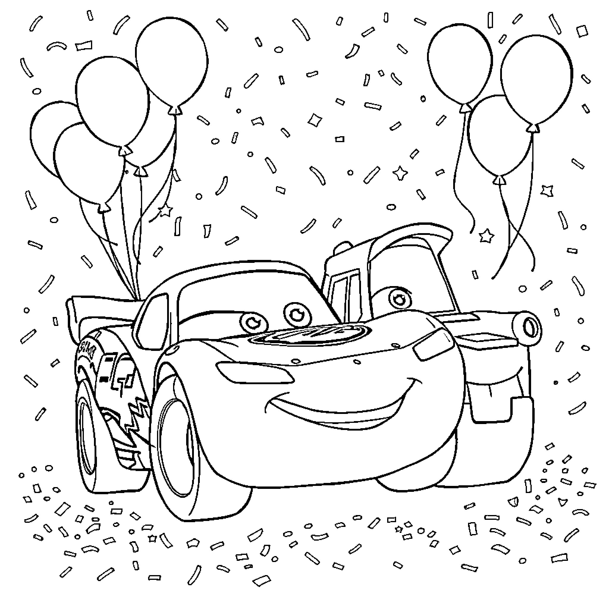 Lightning McQueen celebrates with balloons Coloring Page (free black-and-white line drawing printable PDF for all, from beginners to advanced learners, including children, teens, adults, and seniors)