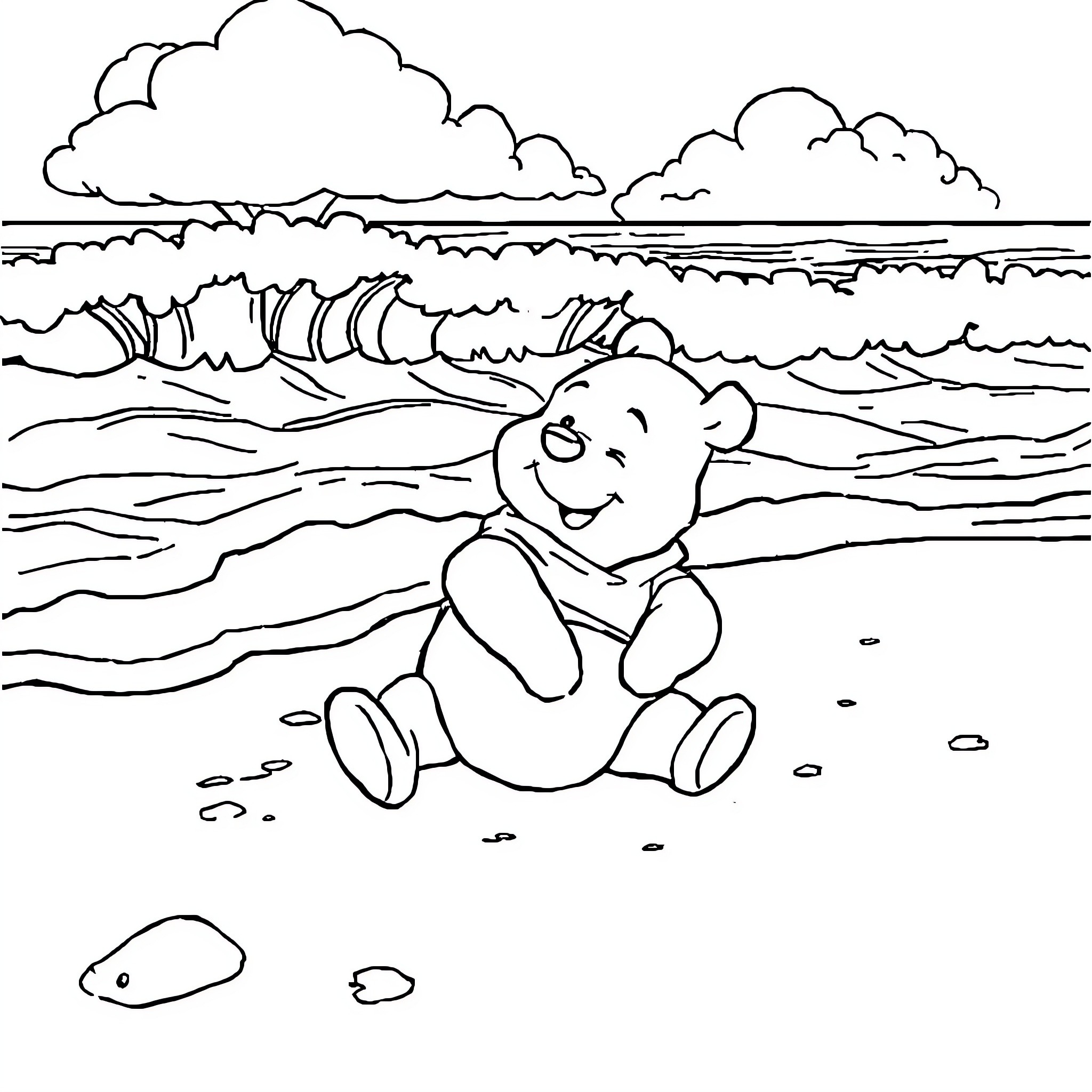 Winnie The Pooh enjoying the beach Coloring Page (free black-and-white line drawing printable PDF for all, from beginners to advanced learners, including children, teens, adults, and seniors)