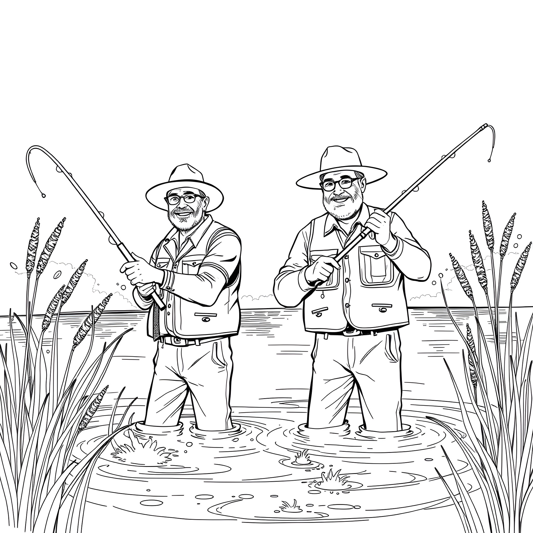 Guys fishing together in the pond Coloring Page (free black-and-white line drawing printable PDF for all, from beginners to advanced learners, including children, teens, adults, and seniors)