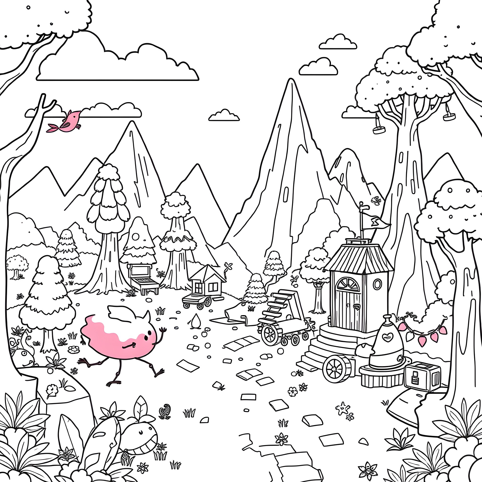 Pinkfong's Whimsical Adventure in the Enchanted Forest Coloring Page (free black-and-white line drawing printable PDF for all, from beginners to advanced learners, including children, teens, adults, and seniors)