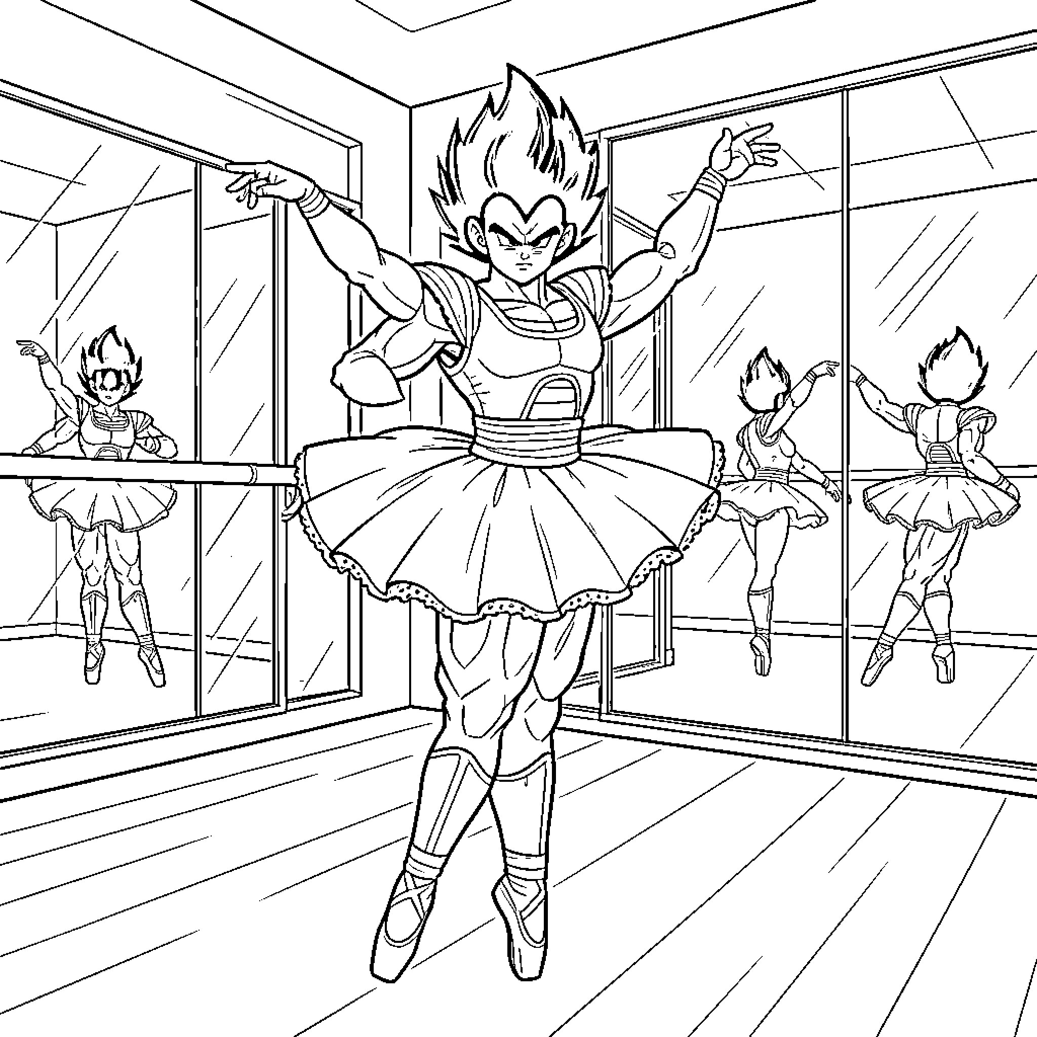 Vegeta performing ballet dance moves in a studio Coloring Page (free black-and-white line drawing printable PDF for all, from beginners to advanced learners, including children, teens, adults, and seniors)
