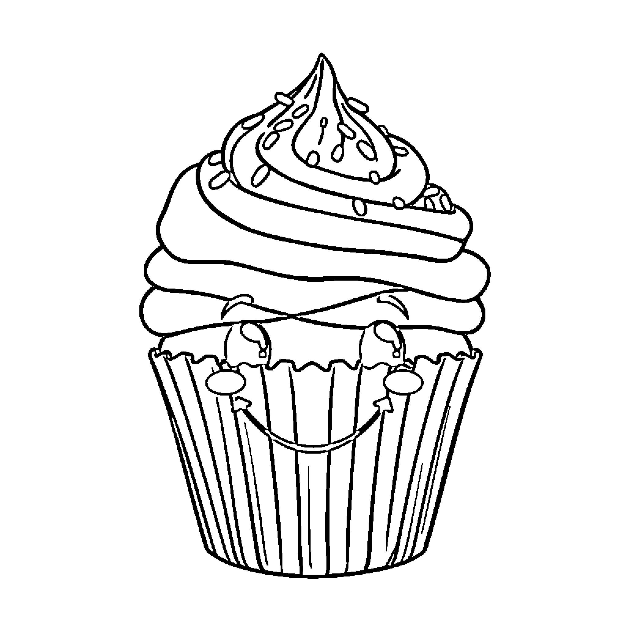 Cupcake with decorative swirl topping Coloring Page (free black-and-white line drawing printable PDF for all, from beginners to advanced learners, including children, teens, adults, and seniors)
