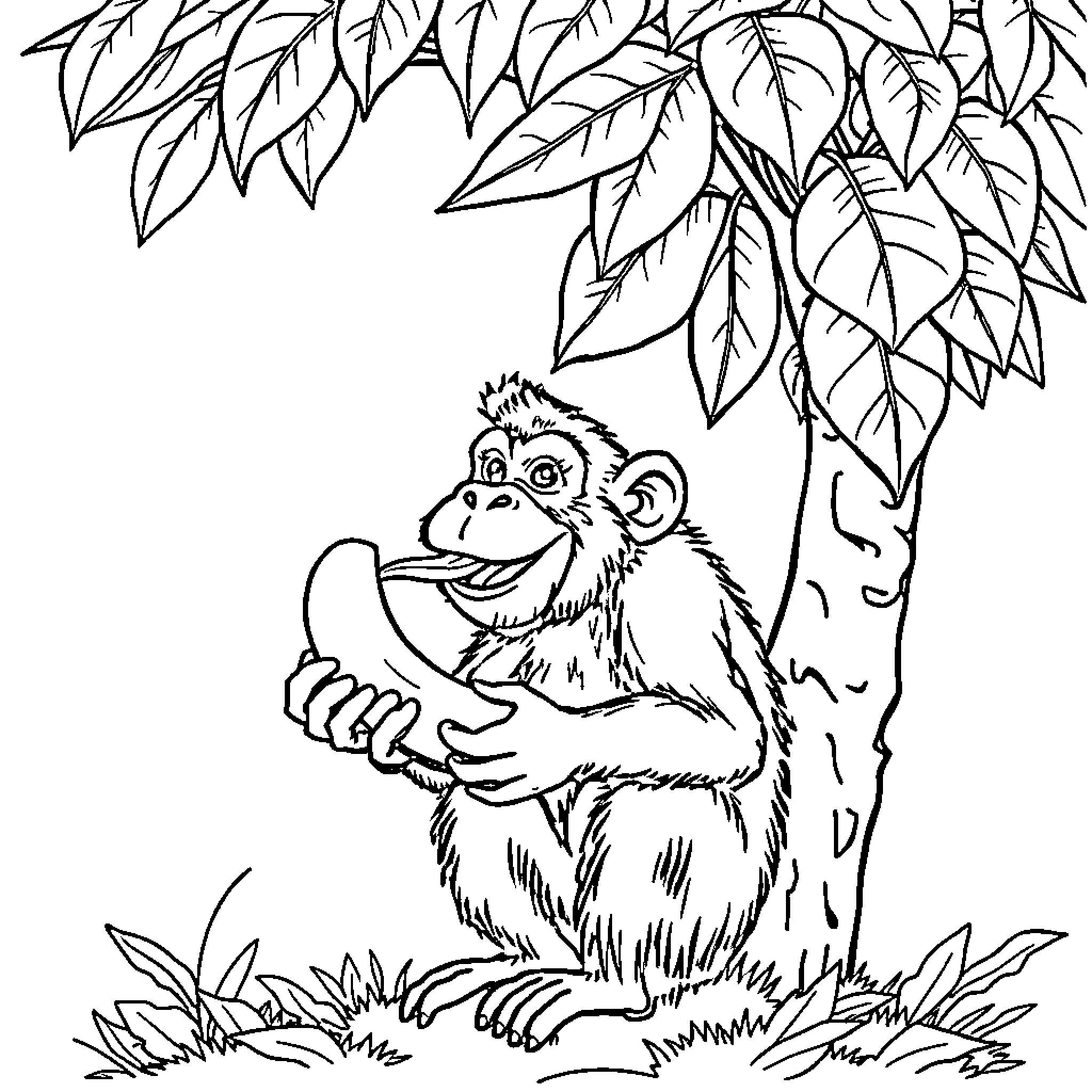 Banana monkey sitting under tree Coloring Page (free black-and-white line drawing printable PDF for all, from beginners to advanced learners, including children, teens, adults, and seniors)