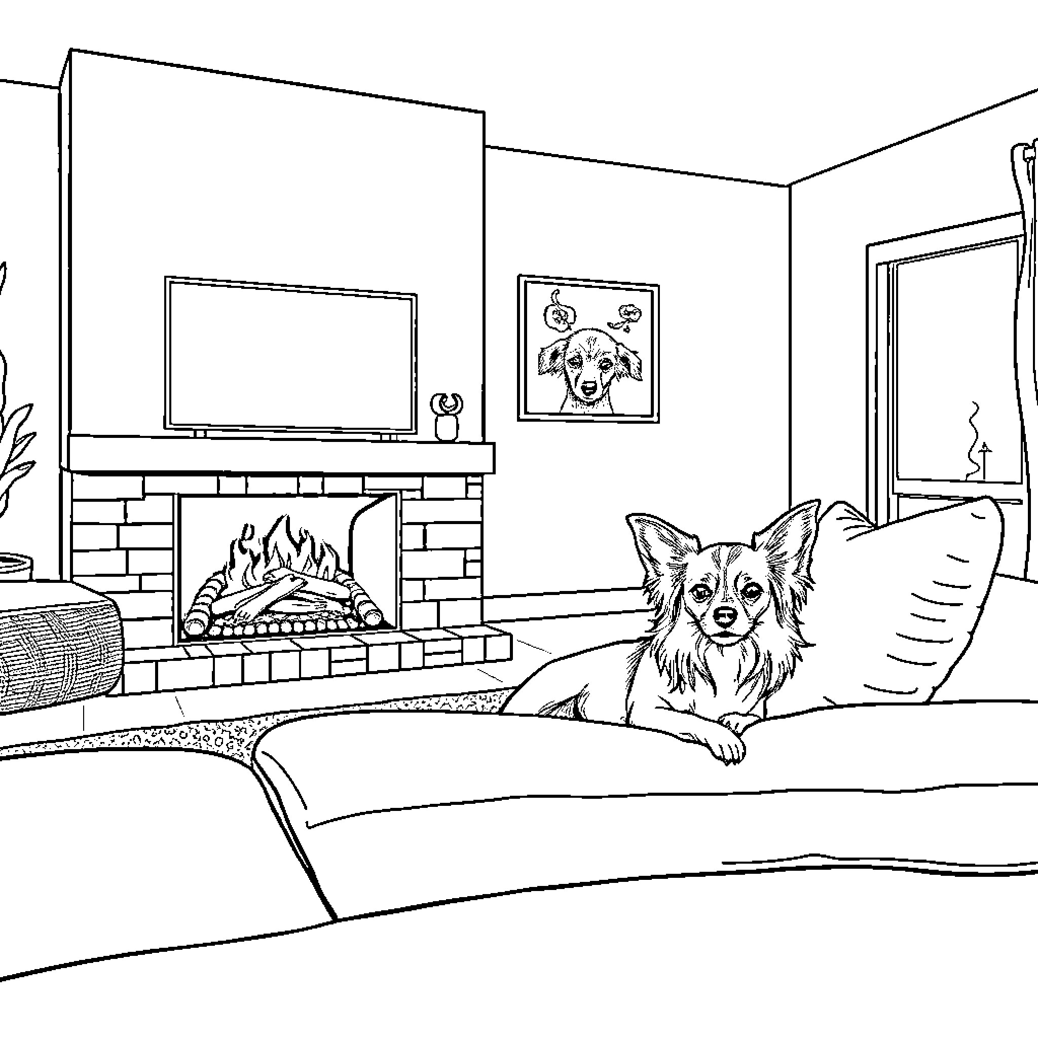 Chihuahuas relaxing by the fireplace Coloring Page (free black-and-white line drawing printable PDF for all, from beginners to advanced learners, including children, teens, adults, and seniors)