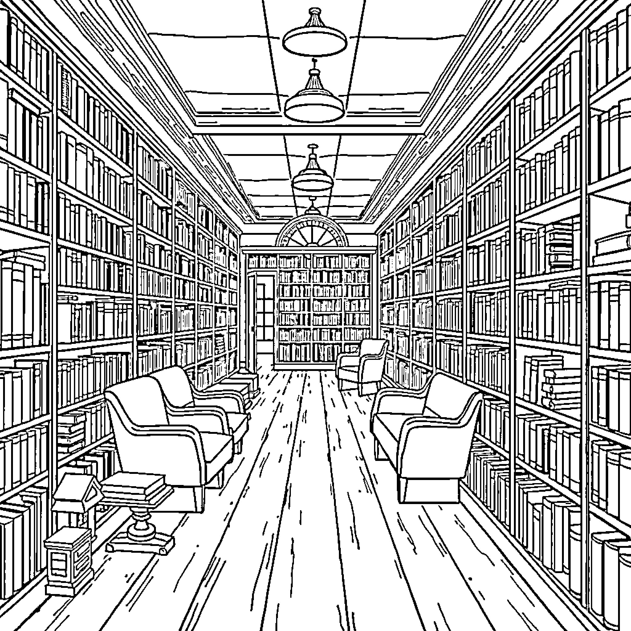 Library with Rows of Bookshelves and Cozy Seating Coloring Page (free black-and-white line drawing printable PDF for all, from beginners to advanced learners, including children, teens, adults, and seniors)