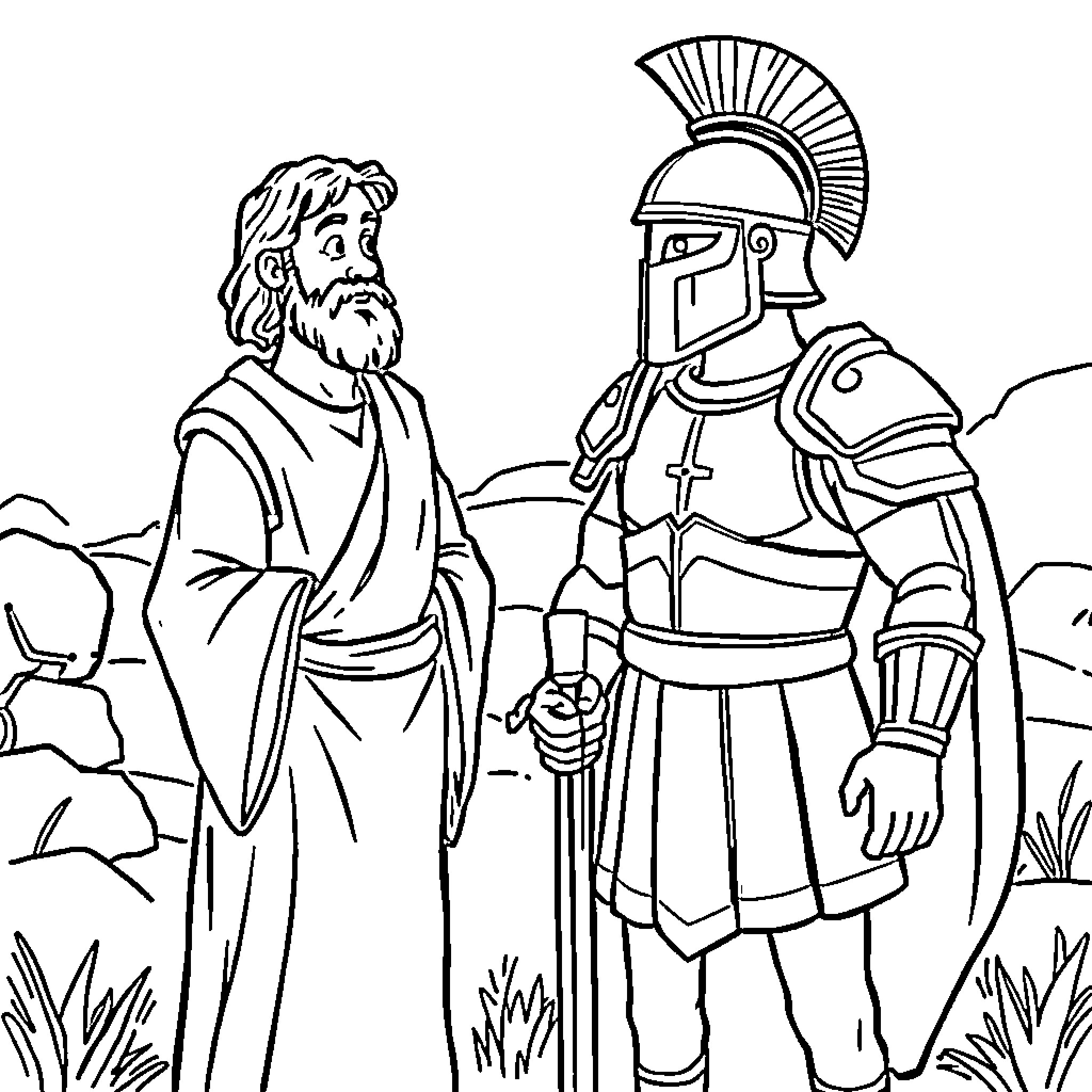 Jesus and the Roman Soldier in a Landscape Coloring Page (free black-and-white line drawing printable PDF for all, from beginners to advanced learners, including children, teens, adults, and seniors)
