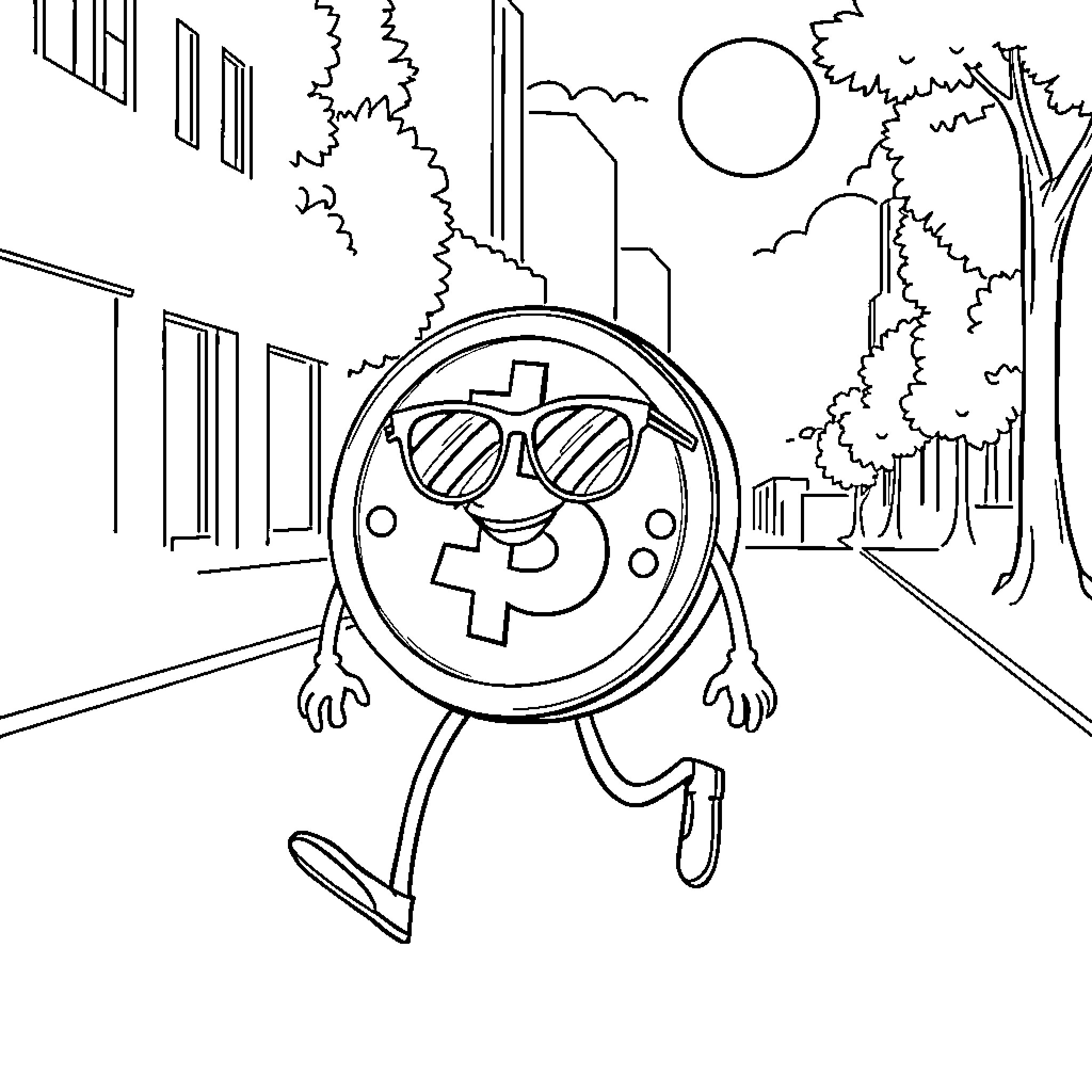 Money character walking happily in the city Coloring Page (free black-and-white line drawing printable PDF for all, from beginners to advanced learners, including children, teens, adults, and seniors)