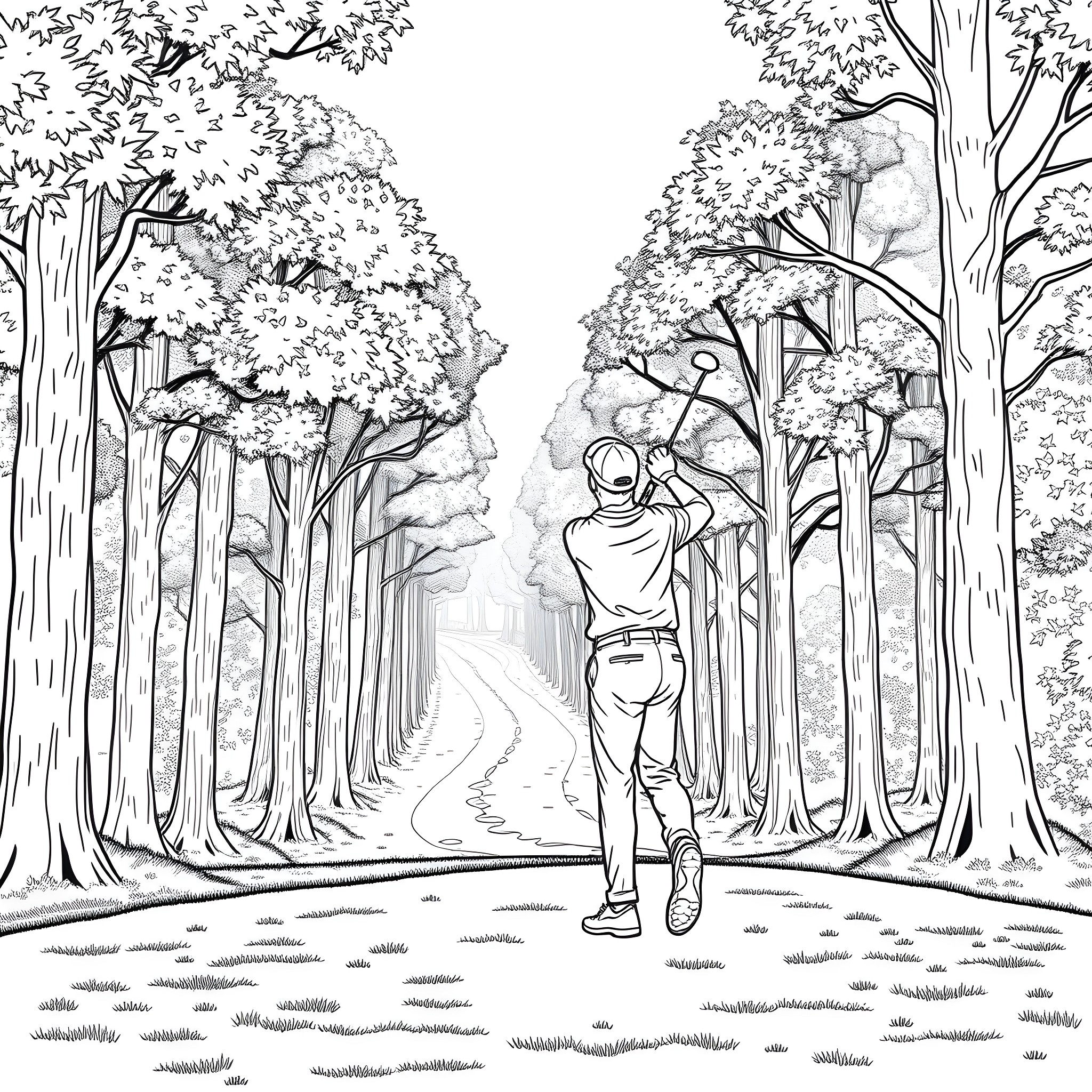 Golf Player Walking in the Lush Forest Coloring Page (free black-and-white line drawing printable PDF for all, from beginners to advanced learners, including children, teens, adults, and seniors)