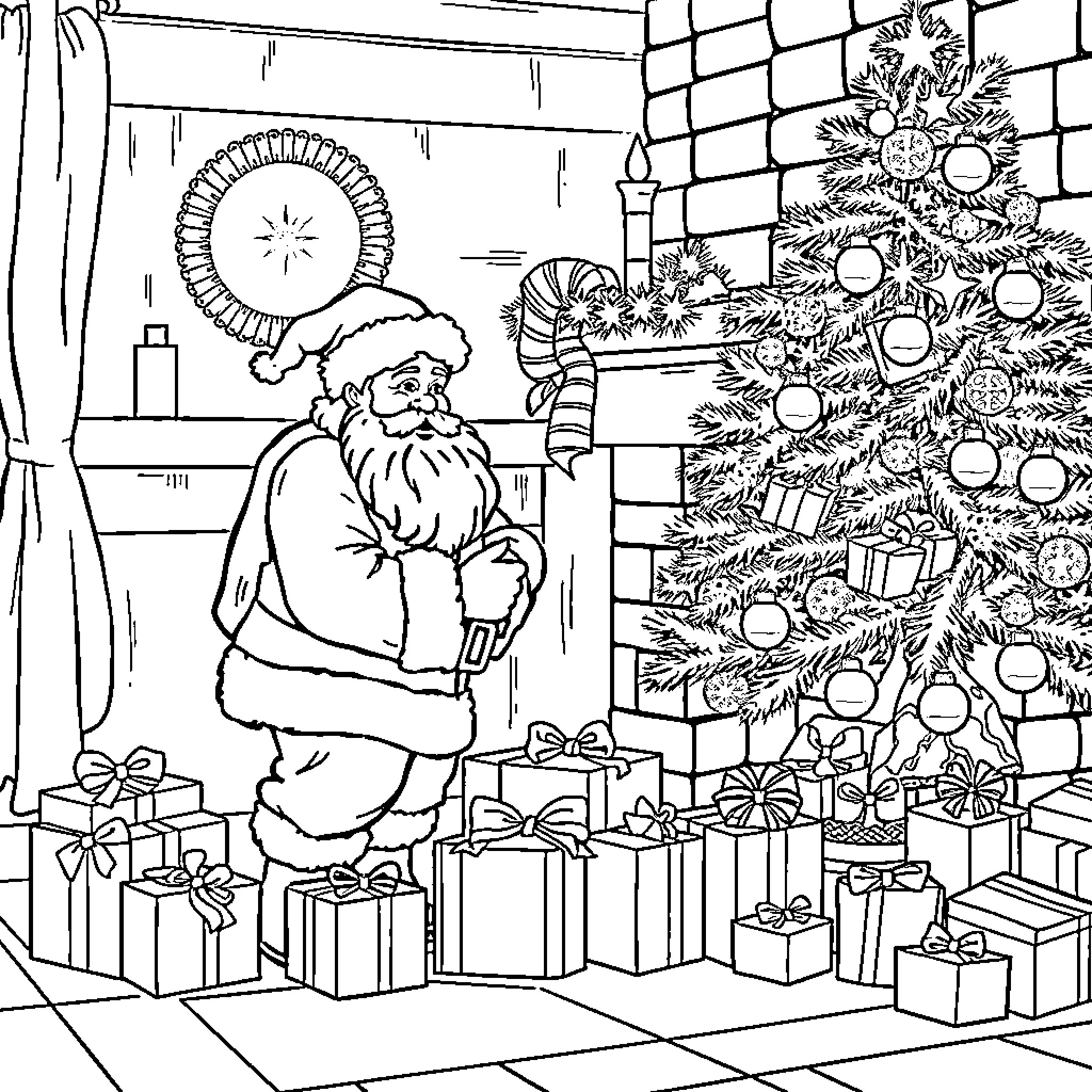 Santa preparing Christmas decorations and gifts Coloring Page (free black-and-white line drawing printable PDF for all, from beginners to advanced learners, including children, teens, adults, and seniors)