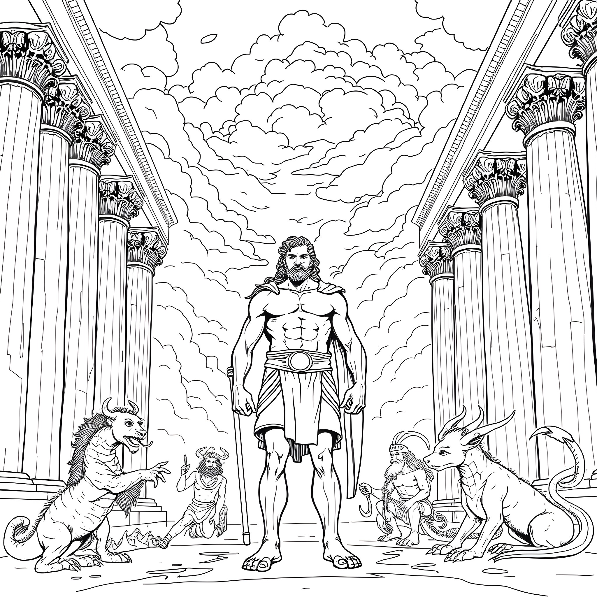 Hercules, the Mighty Demigod, Amid Mythical Beasts Coloring Page (free black-and-white line drawing printable PDF for all, from beginners to advanced learners, including children, teens, adults, and seniors)