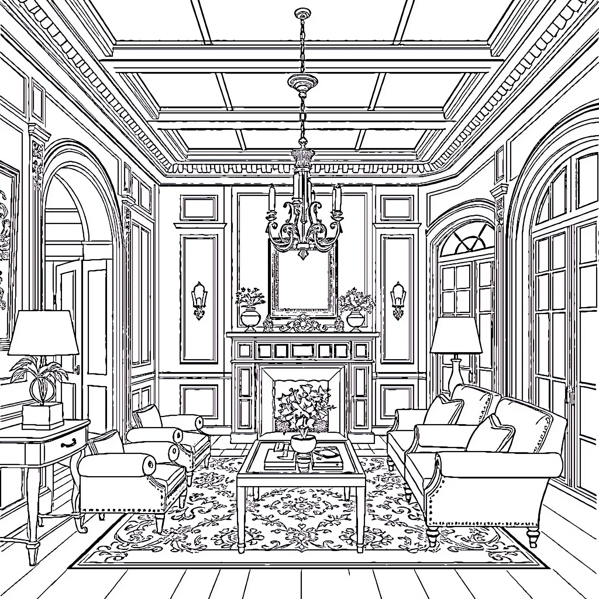 Home interior with ornate decor and furnishings Coloring Page (free black-and-white line drawing printable PDF for all, from beginners to advanced learners, including children, teens, adults, and seniors)