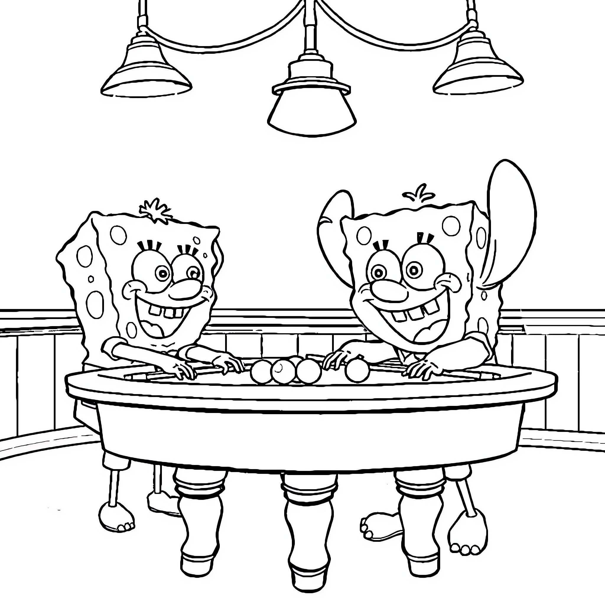 Spongebob and Patrick enjoying a bath together Coloring Page (free black-and-white line drawing printable PDF for all, from beginners to advanced learners, including children, teens, adults, and seniors)