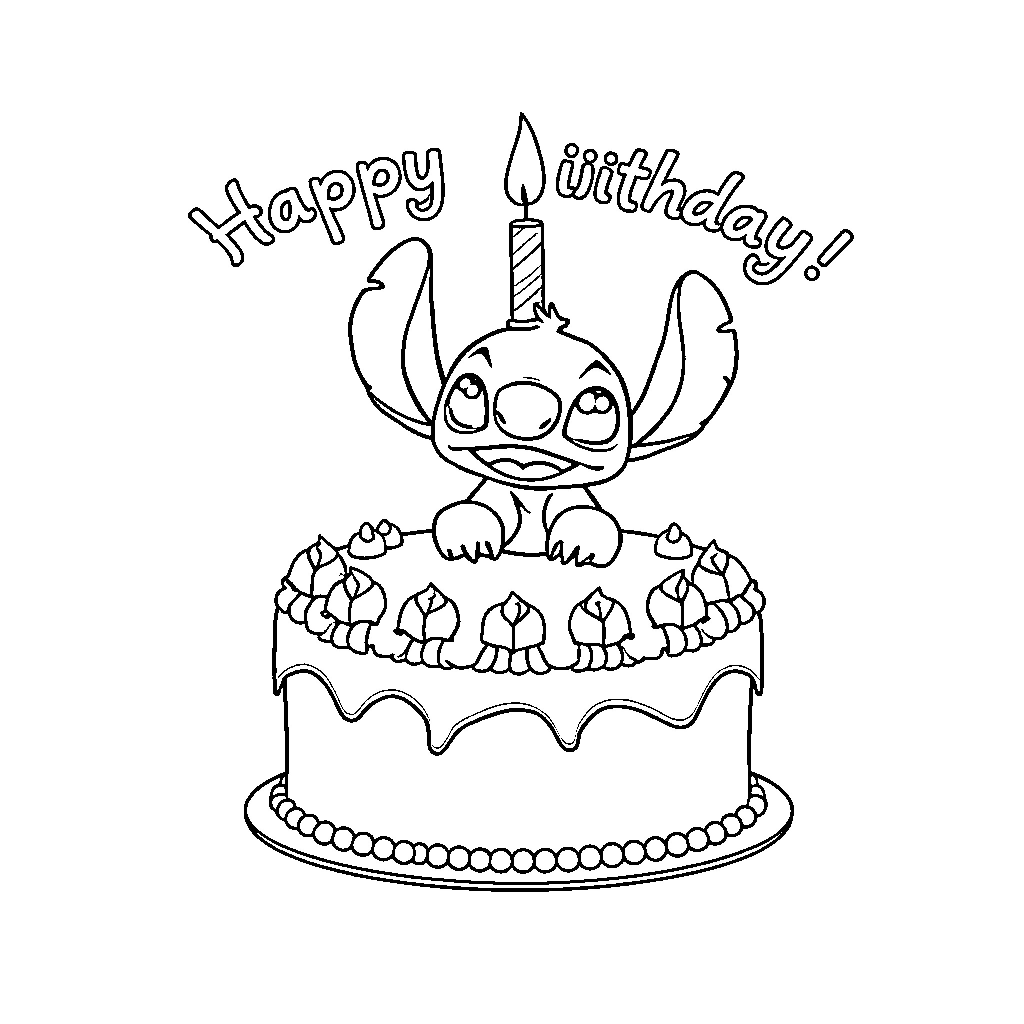 Cake topped with a character celebrating a birthday Coloring Page (free black-and-white line drawing printable PDF for all, from beginners to advanced learners, including children, teens, adults, and seniors)