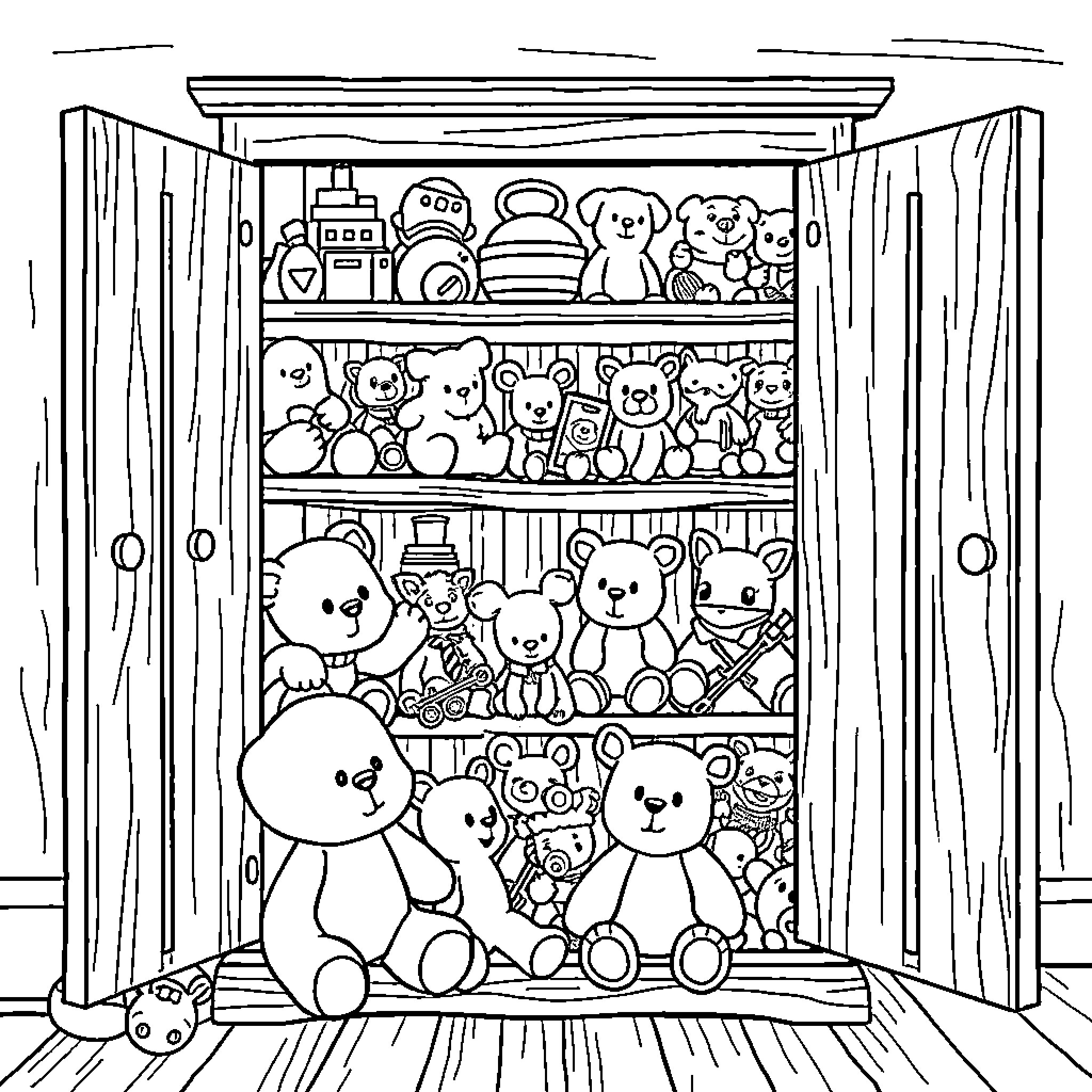 Cupboard filled with various plush toys Coloring Page (free black-and-white line drawing printable PDF for all, from beginners to advanced learners, including children, teens, adults, and seniors)