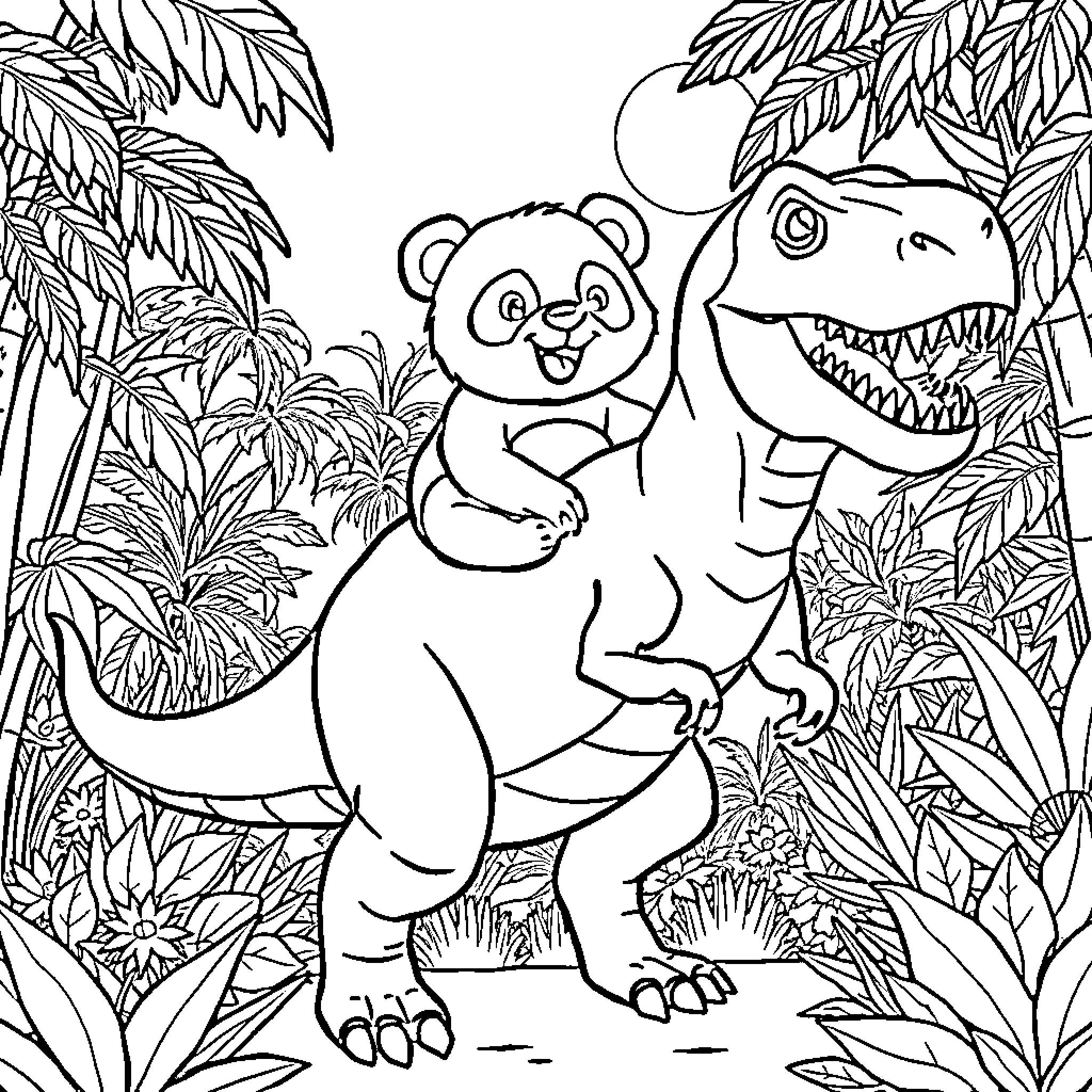 Panda and Dinosaur friends in the jungle Coloring Page (free black-and-white line drawing printable PDF for all, from beginners to advanced learners, including children, teens, adults, and seniors)