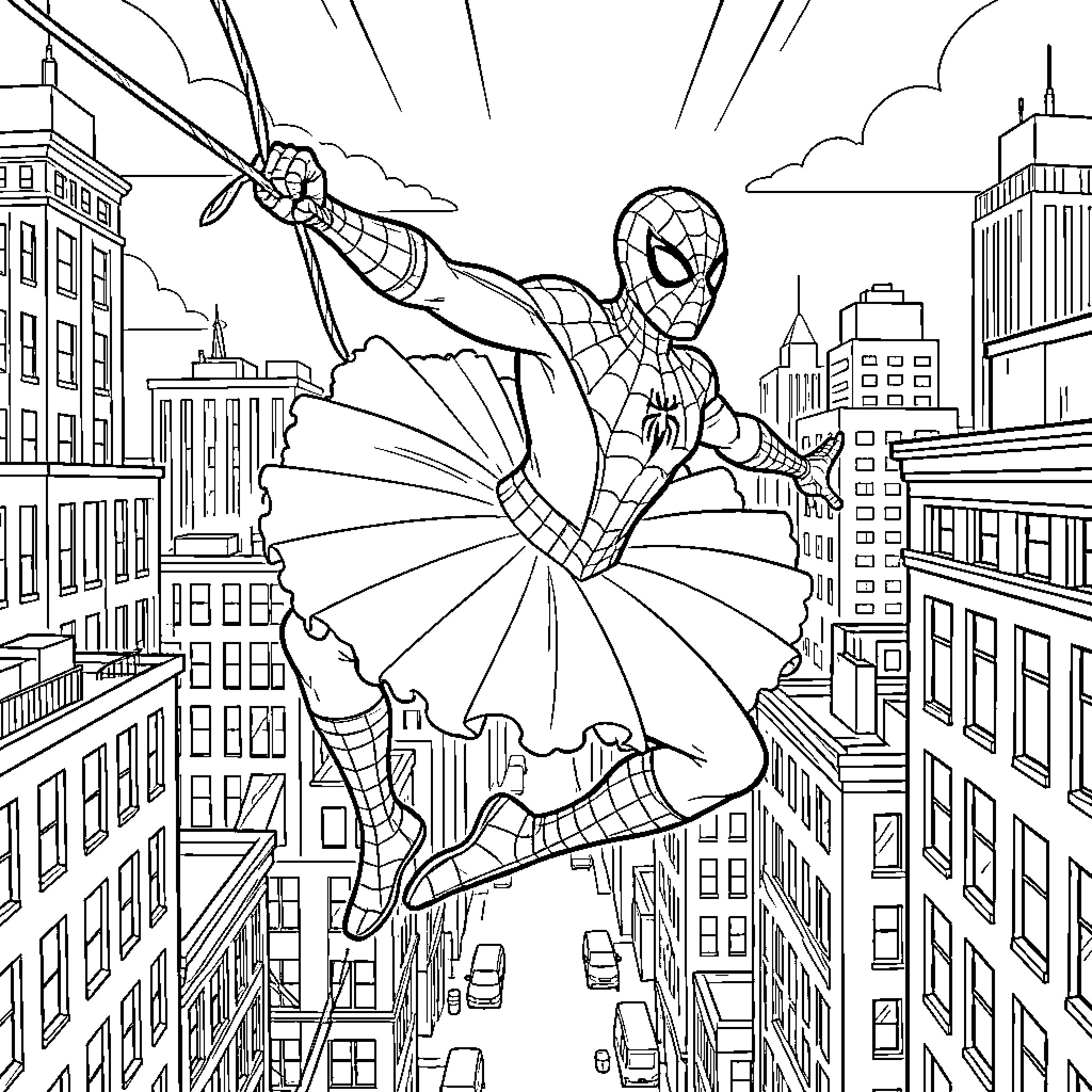 Spider-Man wearing a tutu jumping through the city Coloring Page (free black-and-white line drawing printable PDF for all, from beginners to advanced learners, including children, teens, adults, and seniors)