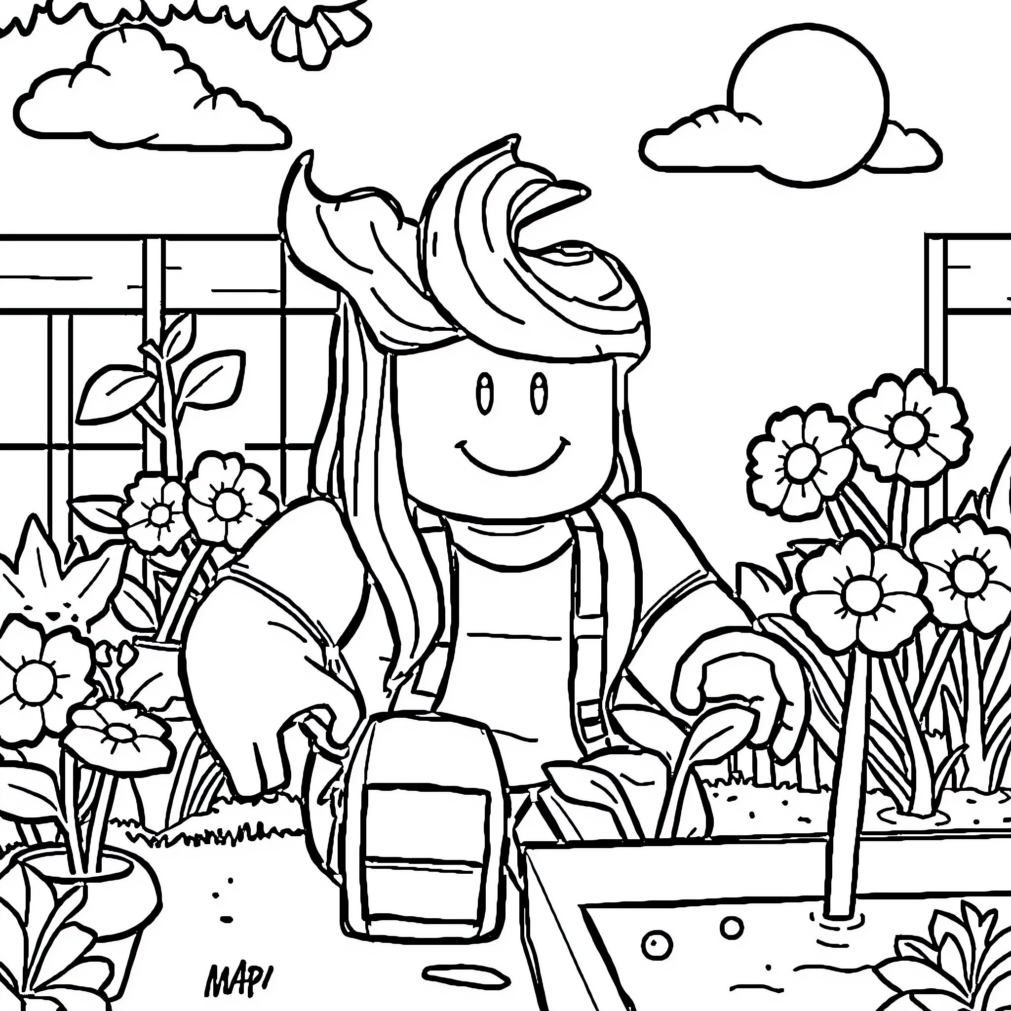 Roblox Bacon Hair character gardening in a floral scene Coloring Page (free black-and-white line drawing printable PDF for all, from beginners to advanced learners, including children, teens, adults, and seniors)