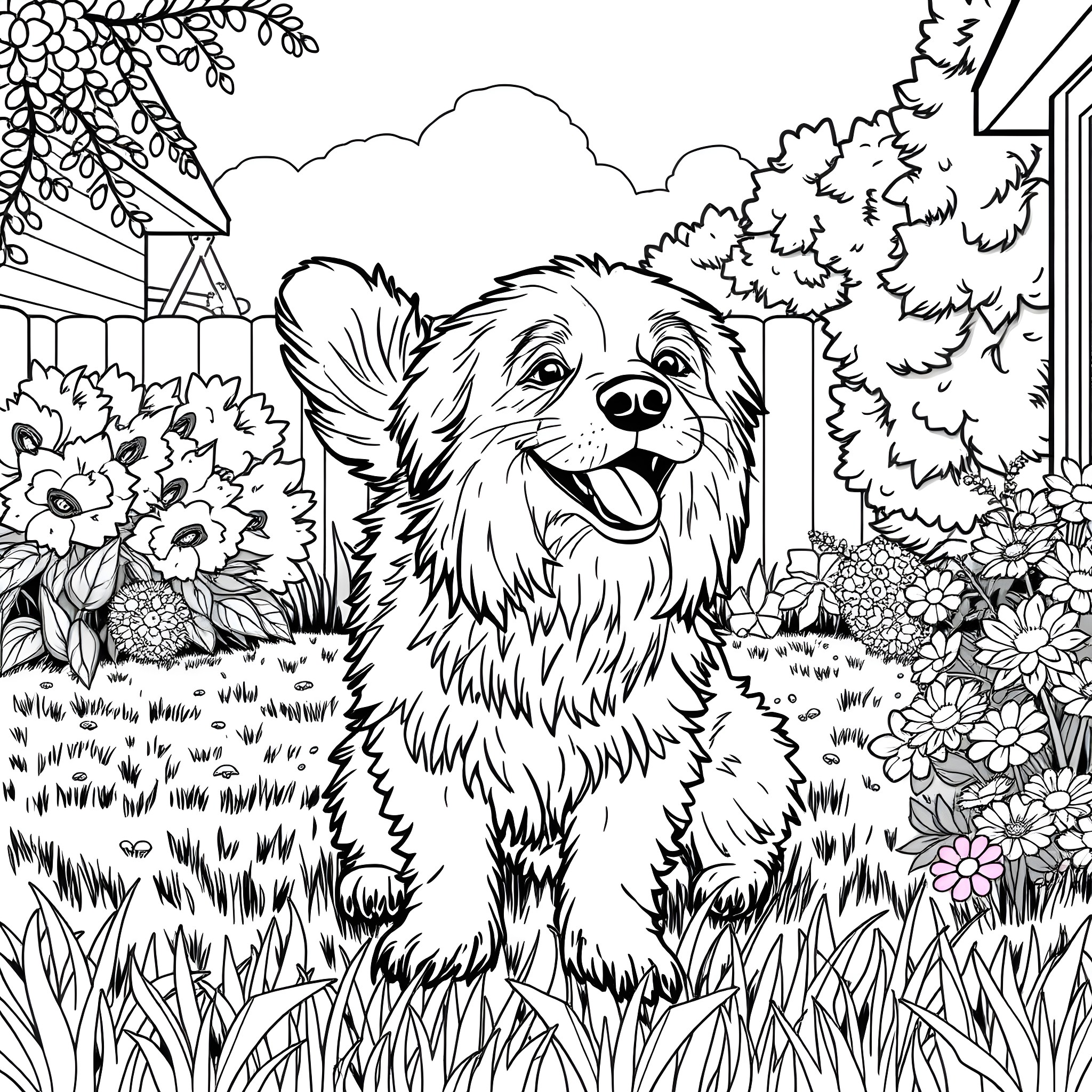 Dog playing joyfully in a floral garden Coloring Page (free black-and-white line drawing printable PDF for all, from beginners to advanced learners, including children, teens, adults, and seniors)