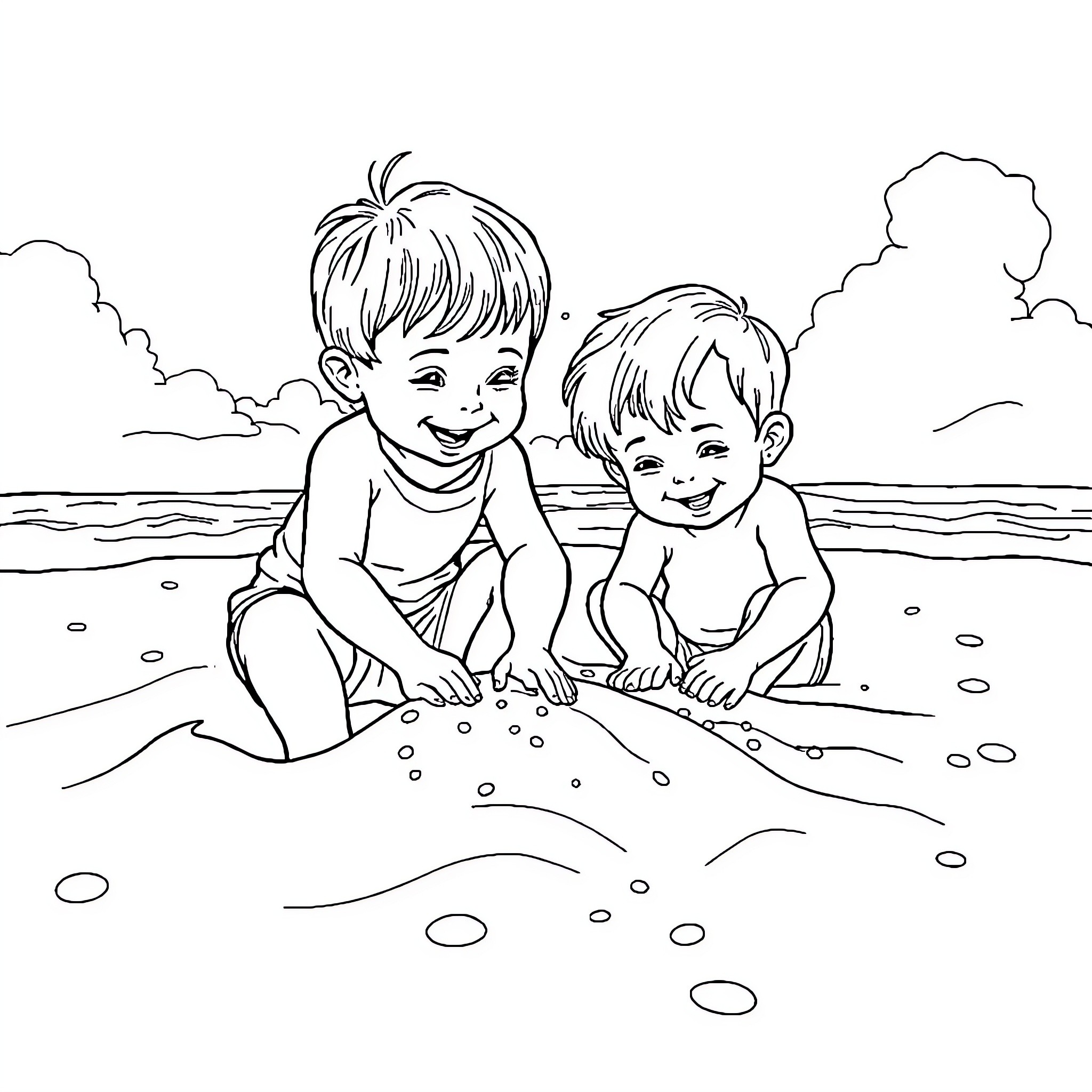 Kids playing happily on the beach Coloring Page (free black-and-white line drawing printable PDF for all, from beginners to advanced learners, including children, teens, adults, and seniors)