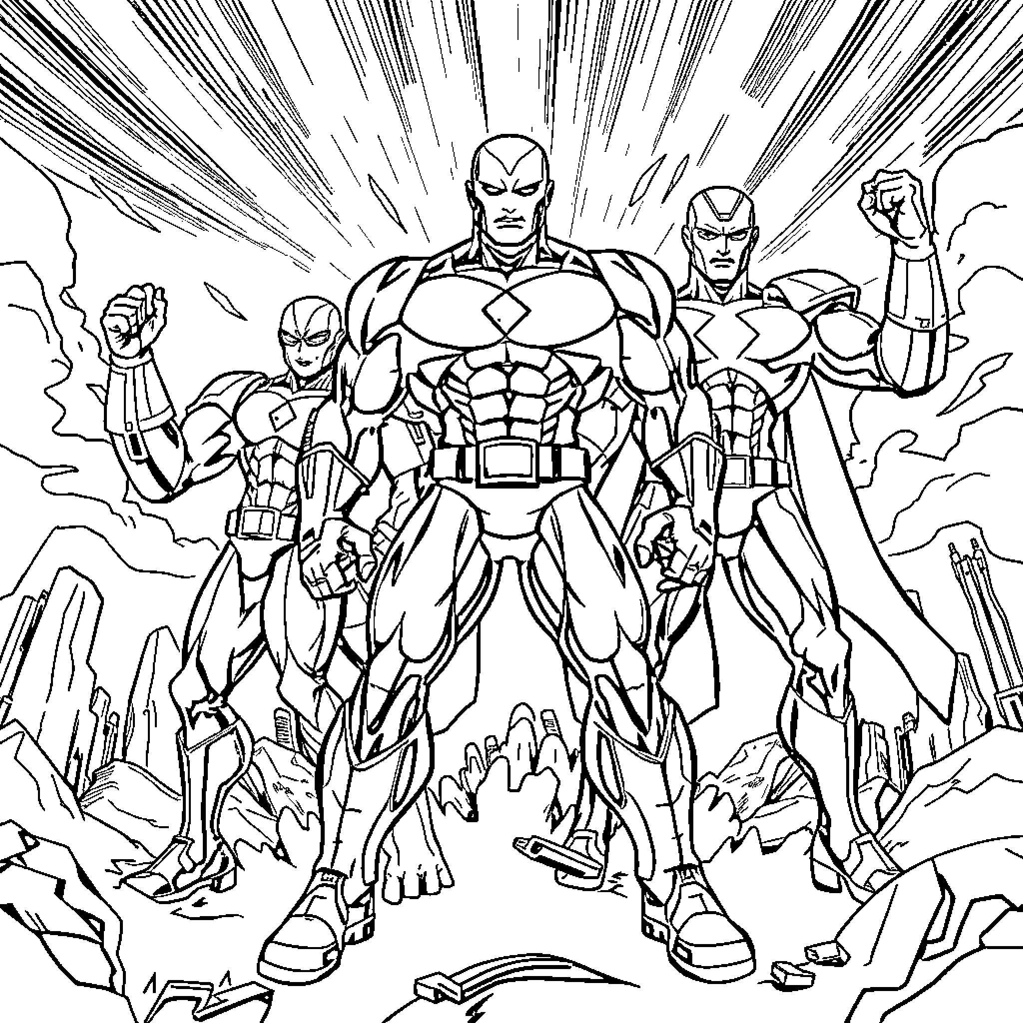 Supermacho heroes in epic battle stance Coloring Page (free black-and-white line drawing printable PDF for all, from beginners to advanced learners, including children, teens, adults, and seniors)