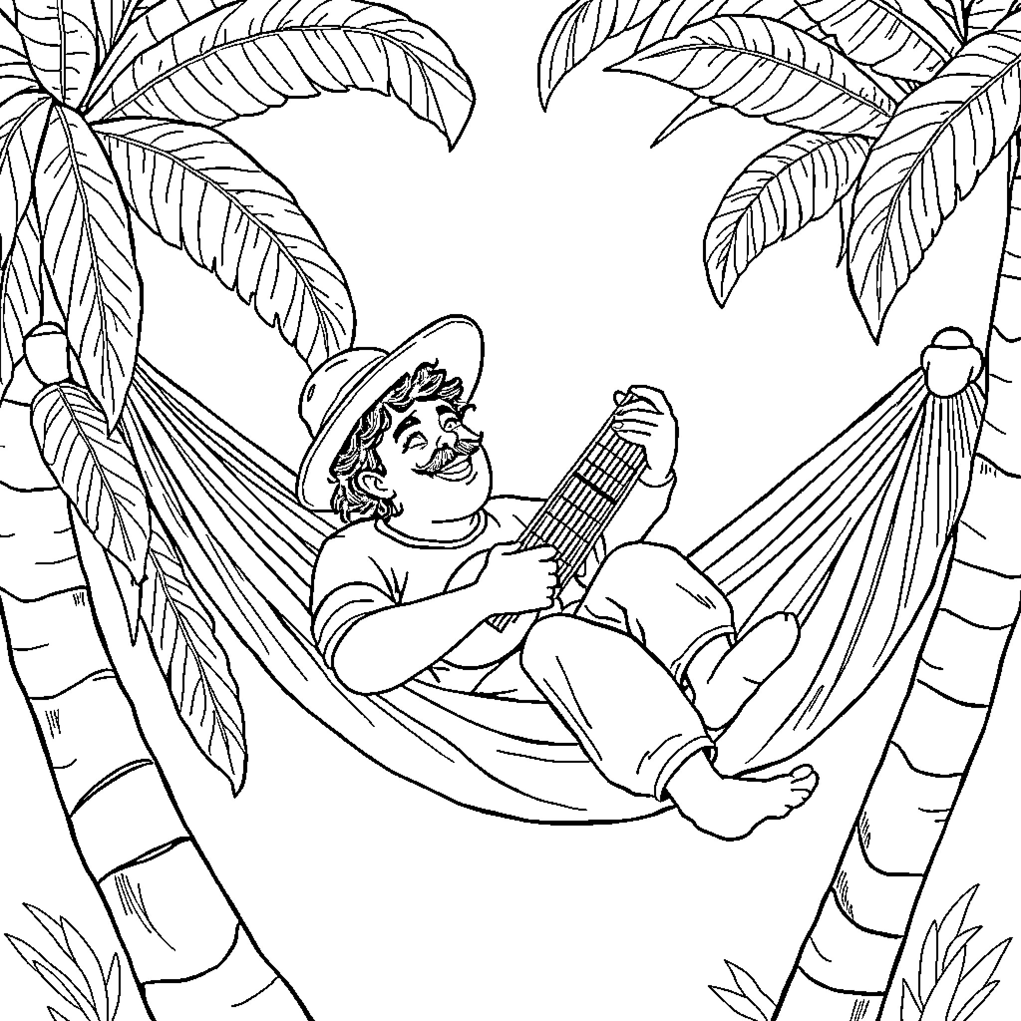 Karol G relaxing in a tropical hammock Coloring Page (free black-and-white line drawing printable PDF for all, from beginners to advanced learners, including children, teens, adults, and seniors)
