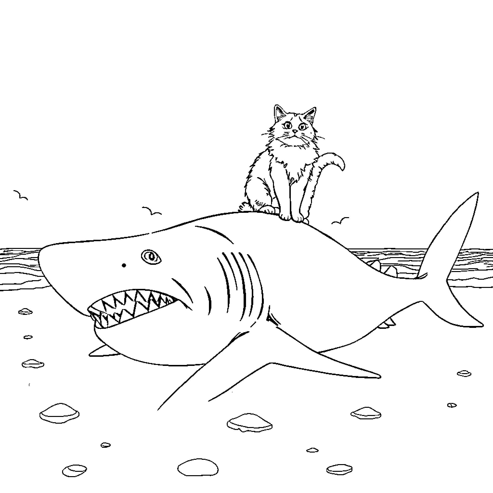 Person exploring the ocean with a curious cat Coloring Page (free black-and-white line drawing printable PDF for all, from beginners to advanced learners, including children, teens, adults, and seniors)