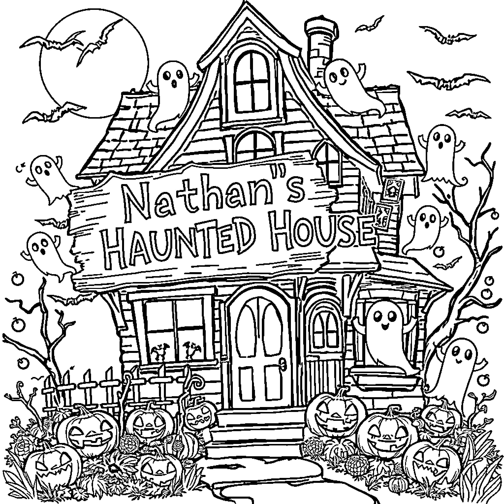Haunted House with Ghostly Figures and Pumpkins Coloring Page (free black-and-white line drawing printable PDF for all, from beginners to advanced learners, including children, teens, adults, and seniors)