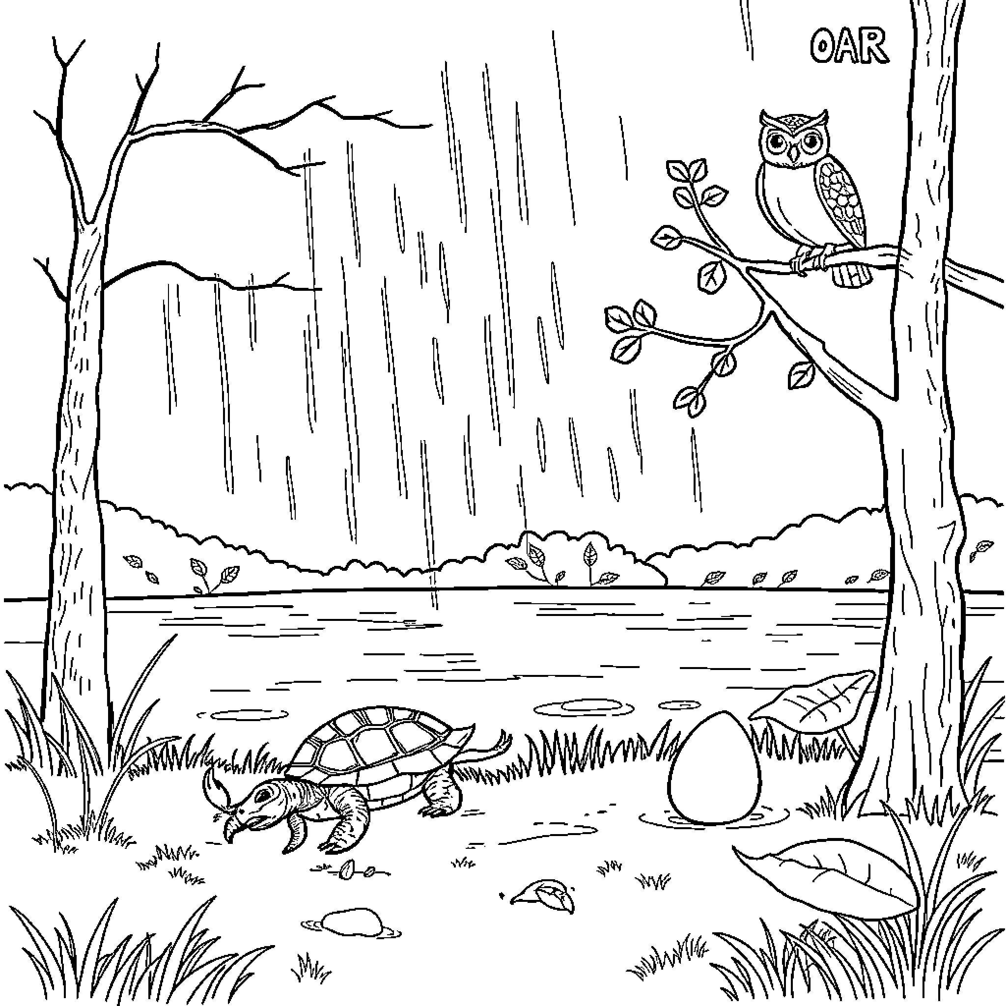 Tortoise exploring the lush forest landscape Coloring Page (free black-and-white line drawing printable PDF for all, from beginners to advanced learners, including children, teens, adults, and seniors)