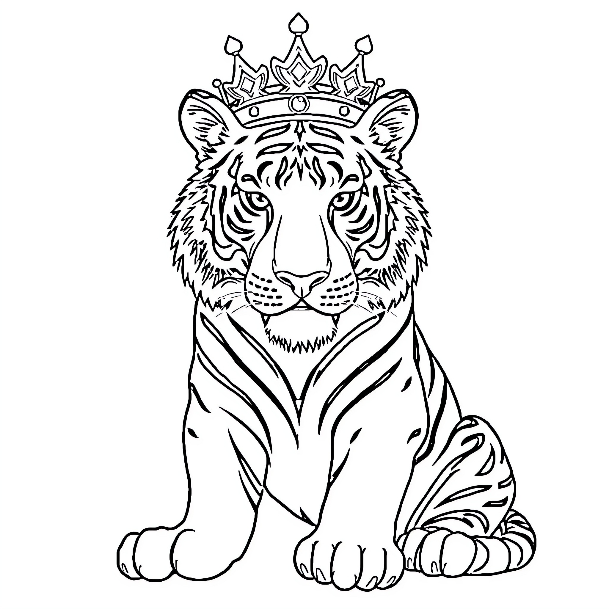 Tiger with regal crown Coloring Page (free black-and-white line drawing printable PDF for all, from beginners to advanced learners, including children, teens, adults, and seniors)