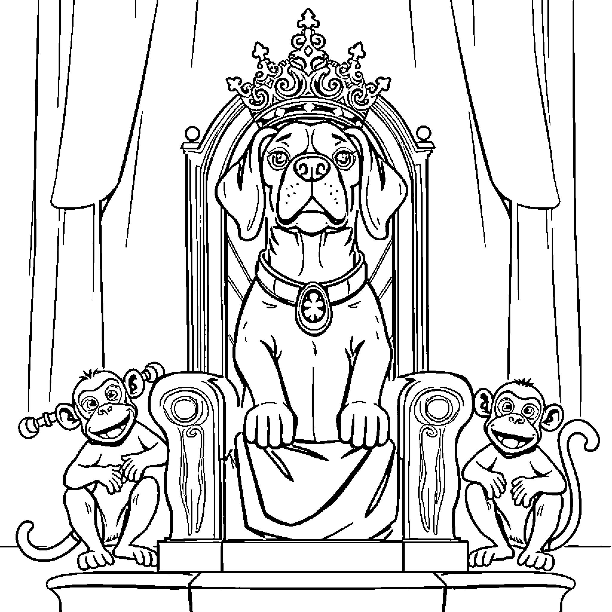 Beagle crowned as a royal pet with monkey companions Coloring Page (free black-and-white line drawing printable PDF for all, from beginners to advanced learners, including children, teens, adults, and seniors)