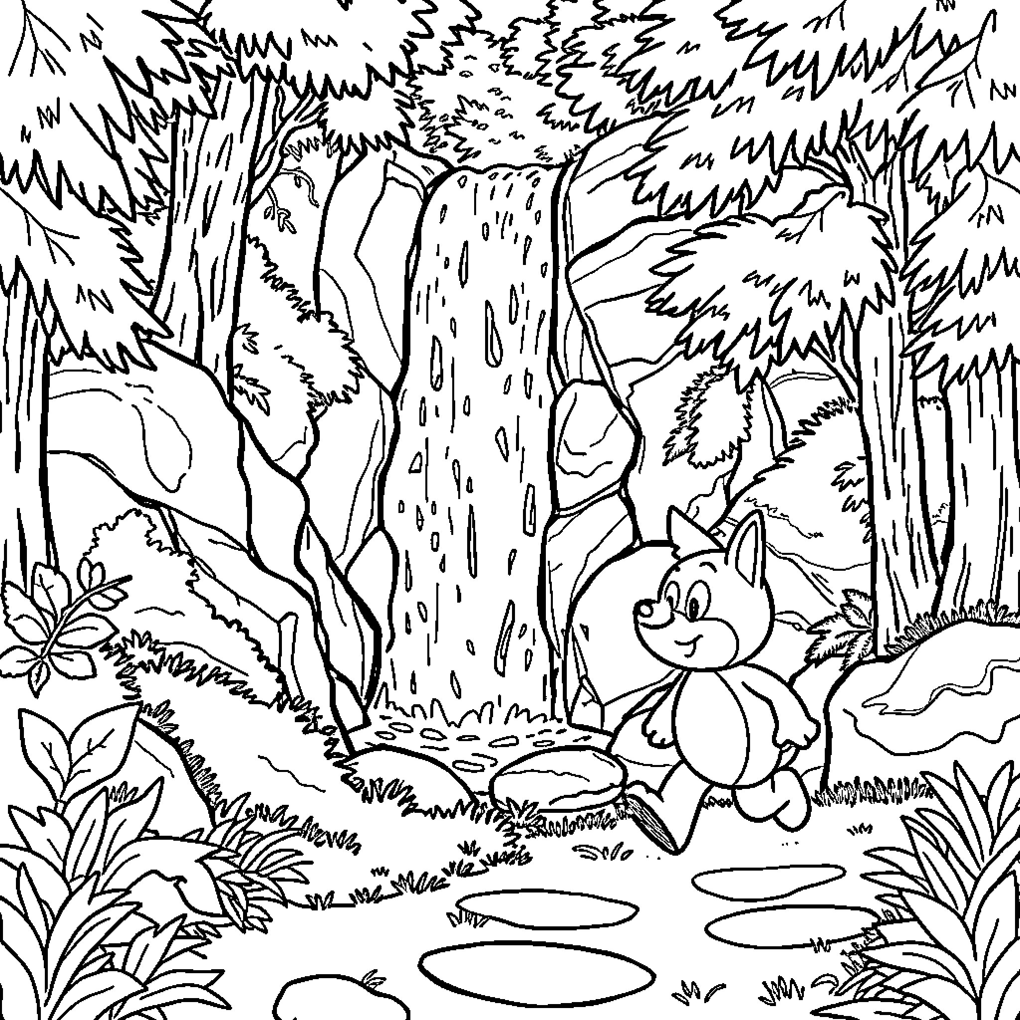 Bluey's Playful Adventure in the Enchanted Forest Coloring Page (free black-and-white line drawing printable PDF for all, from beginners to advanced learners, including children, teens, adults, and seniors)