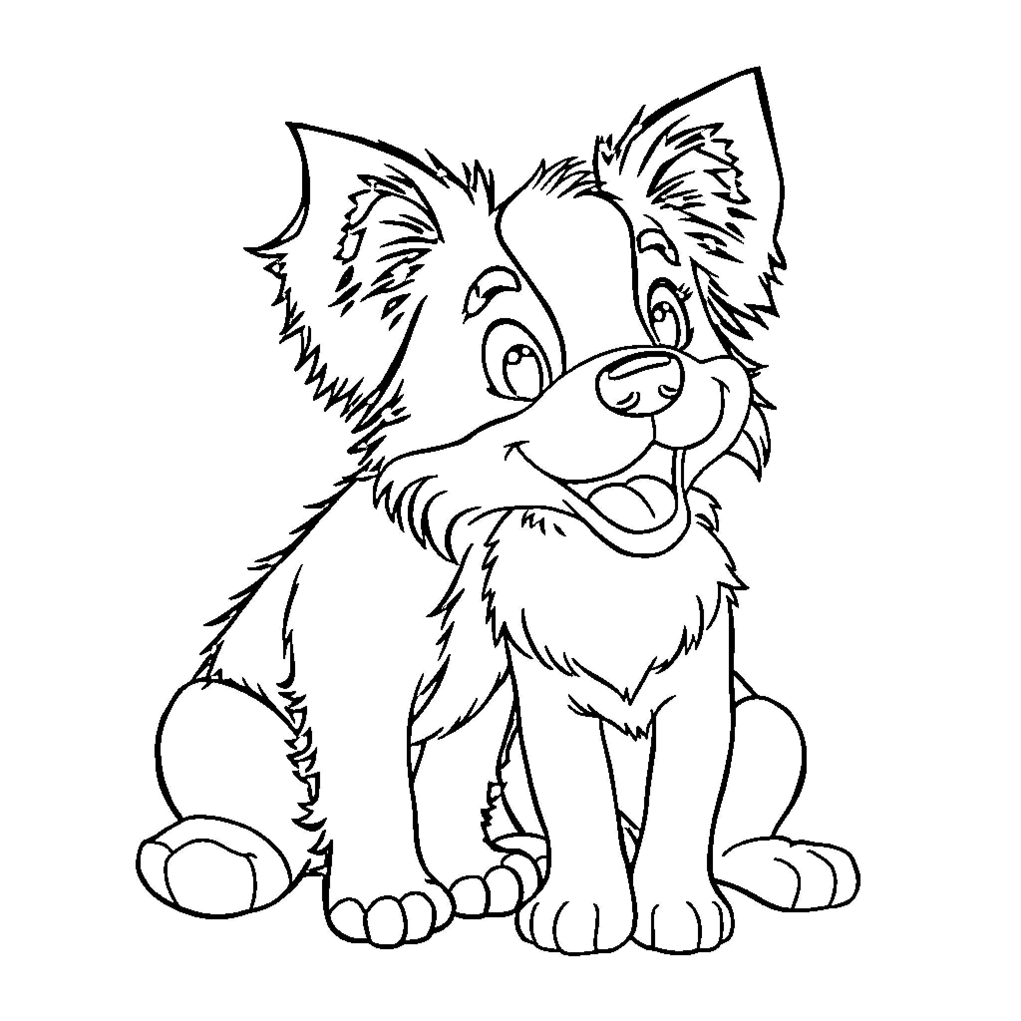 Papillon puppy sitting and smiling happily Coloring Page (free black-and-white line drawing printable PDF for all, from beginners to advanced learners, including children, teens, adults, and seniors)