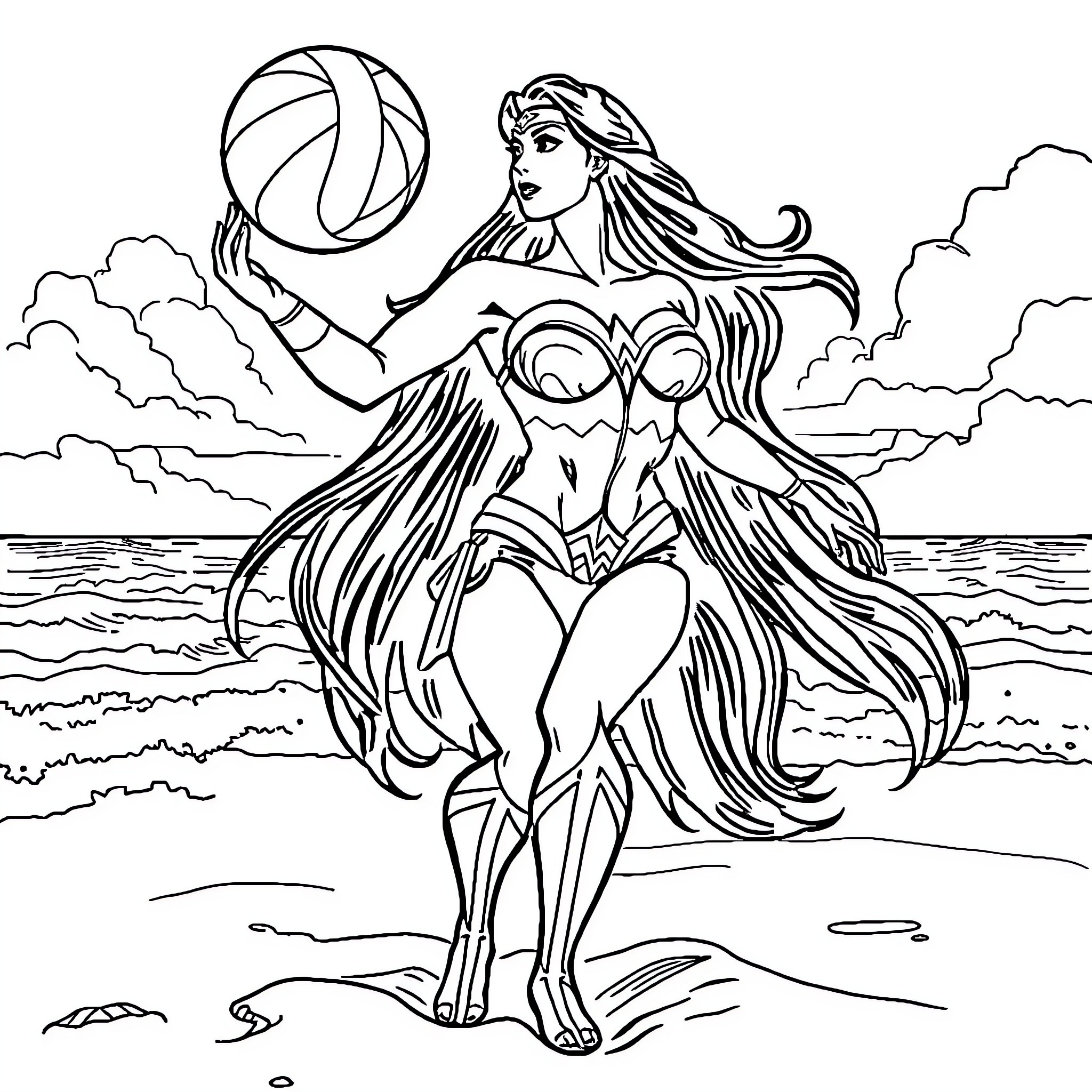 Wonder Woman Playing Volleyball on the Beach Coloring Page (free black-and-white line drawing printable PDF for all, from beginners to advanced learners, including children, teens, adults, and seniors)