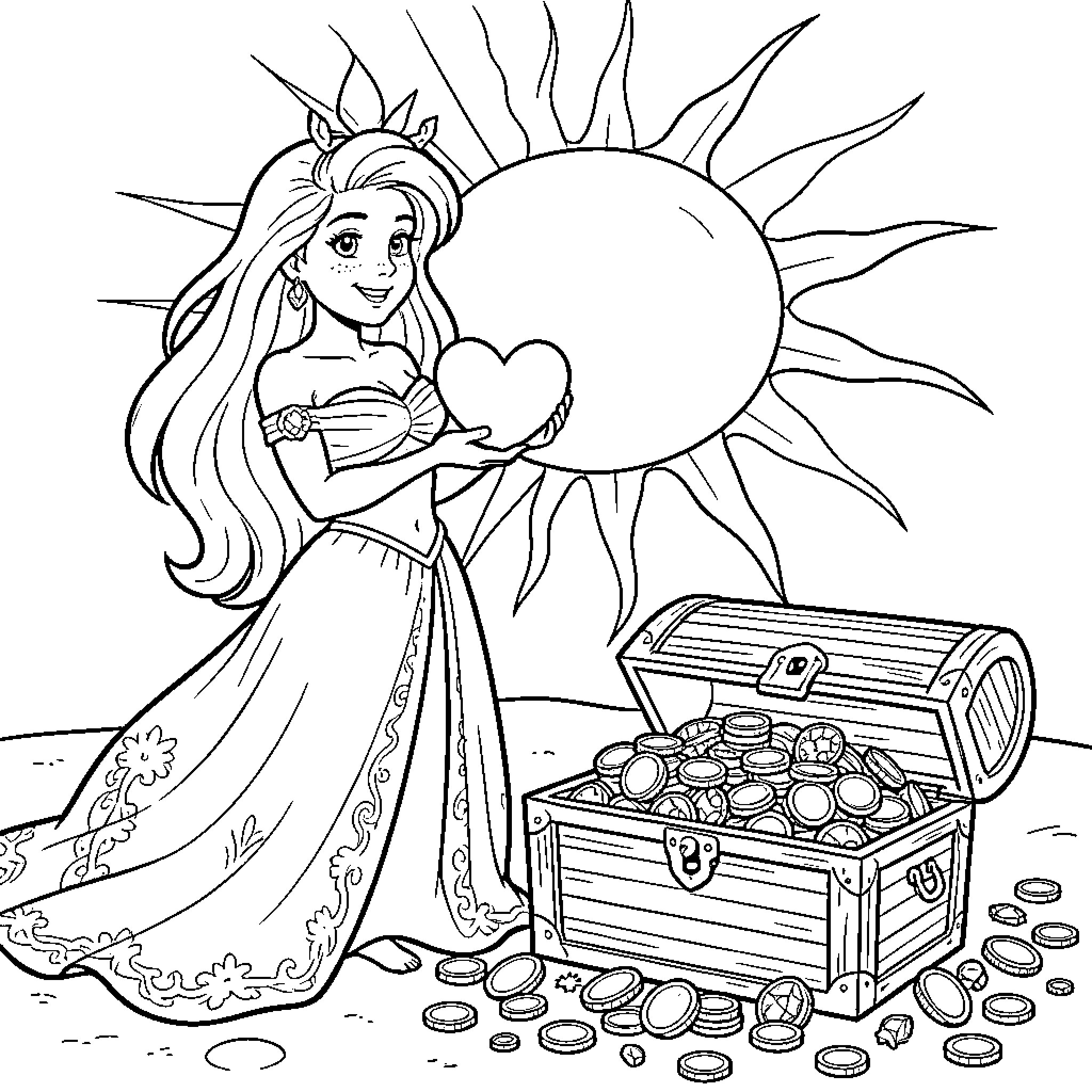 Ariel holding a heart near a treasure chest Coloring Page (free black-and-white line drawing printable PDF for all, from beginners to advanced learners, including children, teens, adults, and seniors)