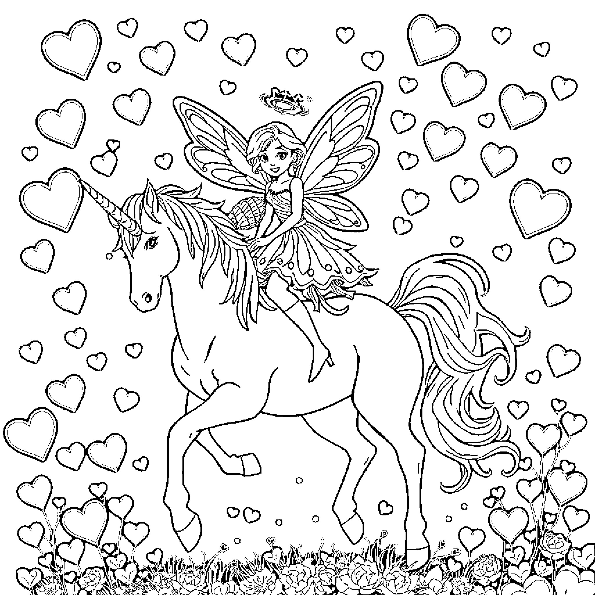 Fairy riding a unicorn amidst a field of hearts Coloring Page (free black-and-white line drawing printable PDF for all, from beginners to advanced learners, including children, teens, adults, and seniors)