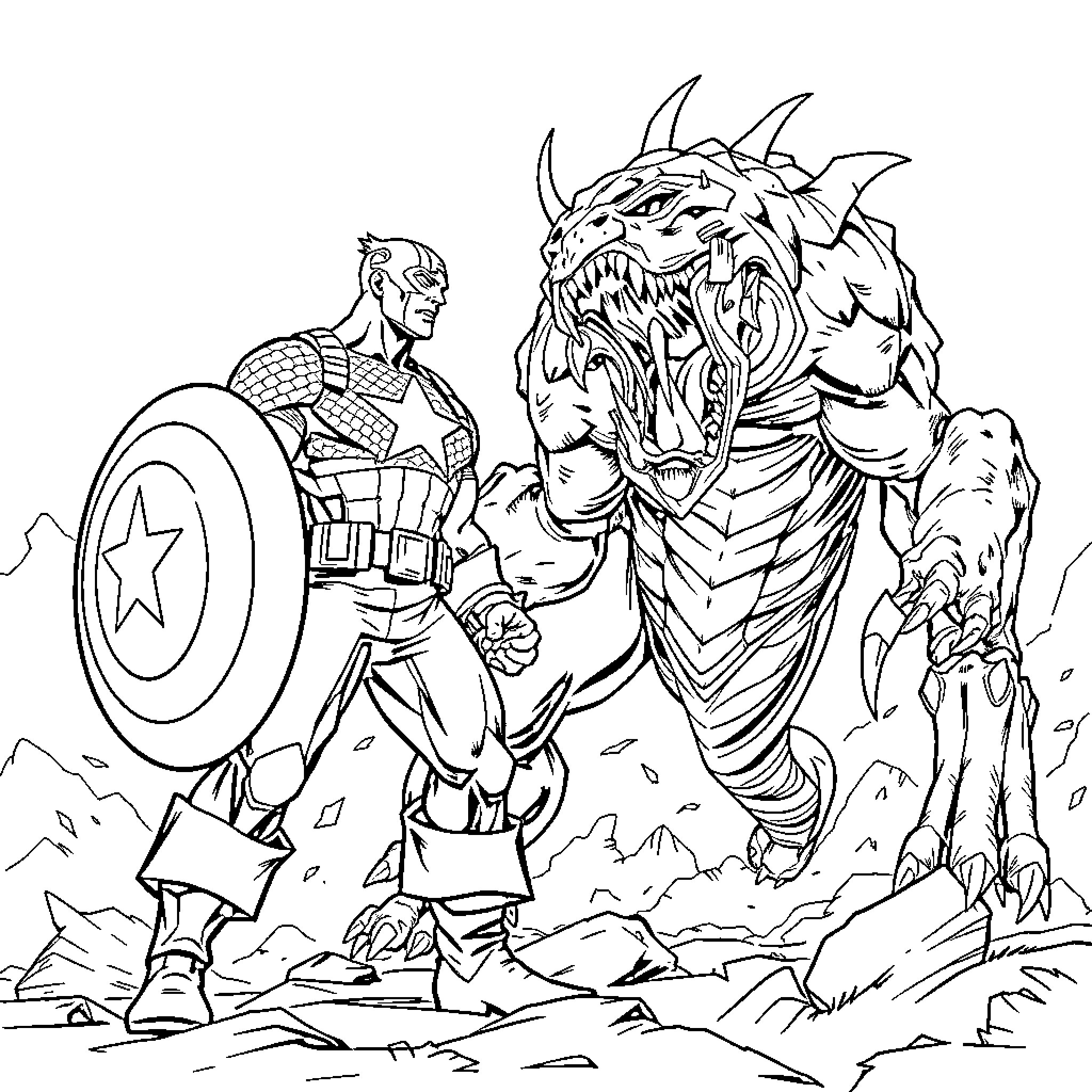 Captain America Battles Powerful Alien Monster Coloring Page (free black-and-white line drawing printable PDF for all, from beginners to advanced learners, including children, teens, adults, and seniors)