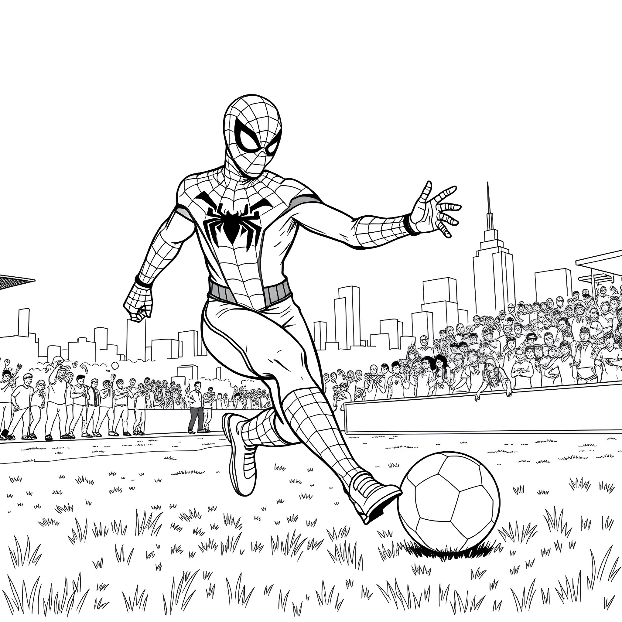 Spiderman playing soccer with crowd in the city Coloring Page (free black-and-white line drawing printable PDF for all, from beginners to advanced learners, including children, teens, adults, and seniors)