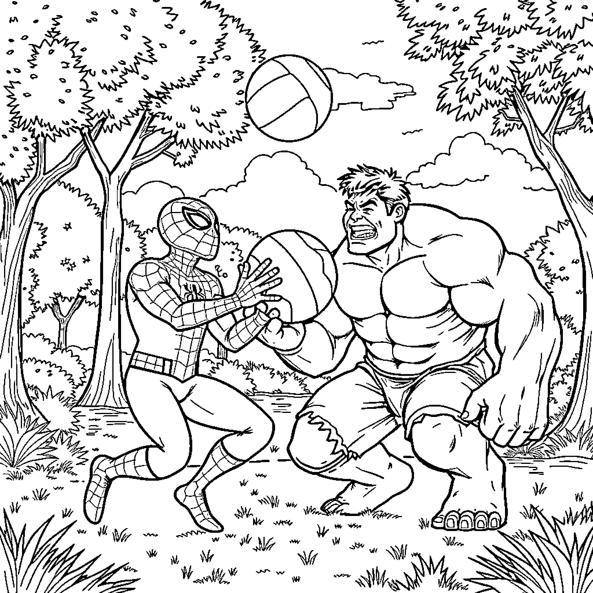 Spiderman fighting a powerful muscular enemy in the forest Coloring Page (free black-and-white line drawing printable PDF for all, from beginners to advanced learners, including children, teens, adults, and seniors)