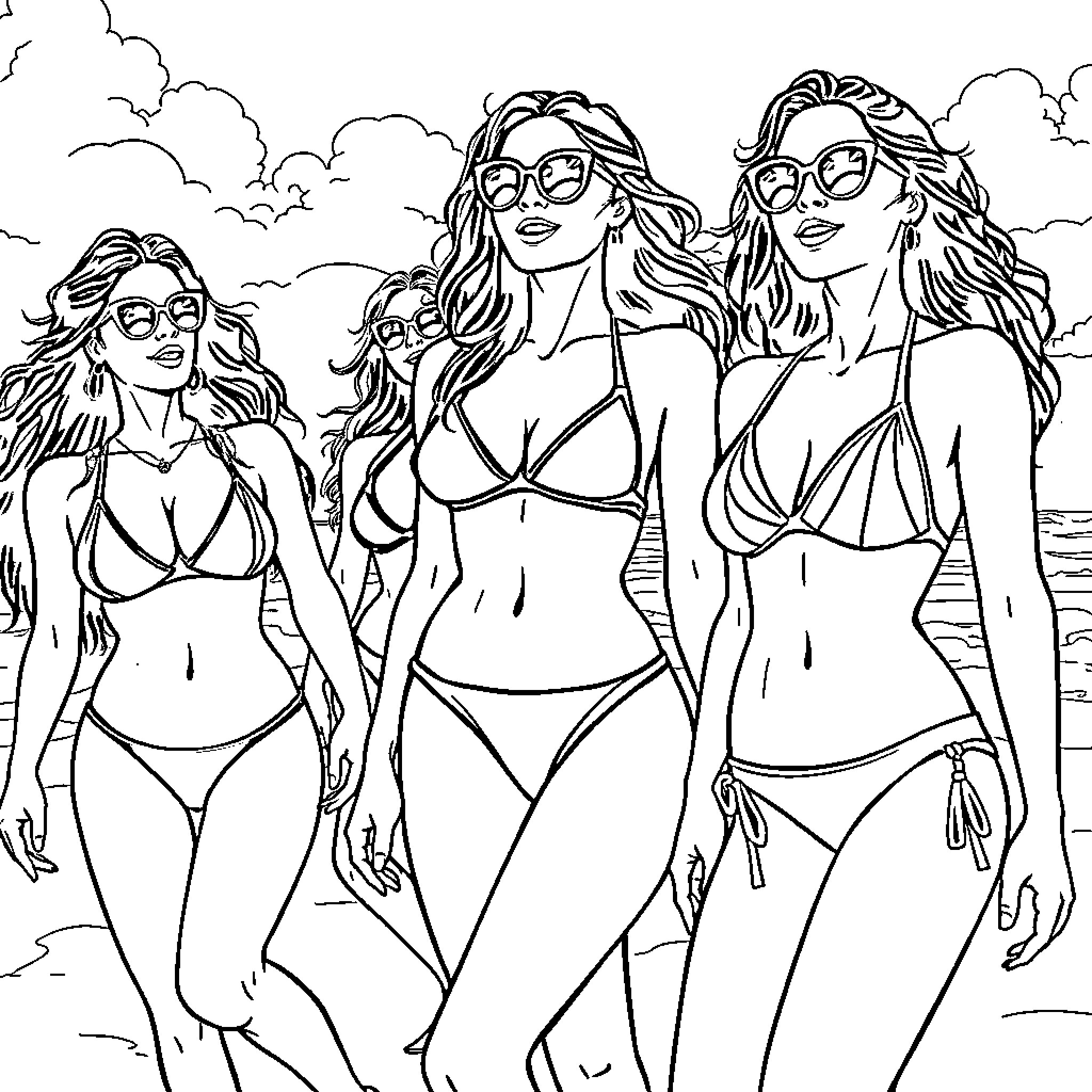Women enjoying a sunny day at the beach Coloring Page (free black-and-white line drawing printable PDF for all, from beginners to advanced learners, including children, teens, adults, and seniors)
