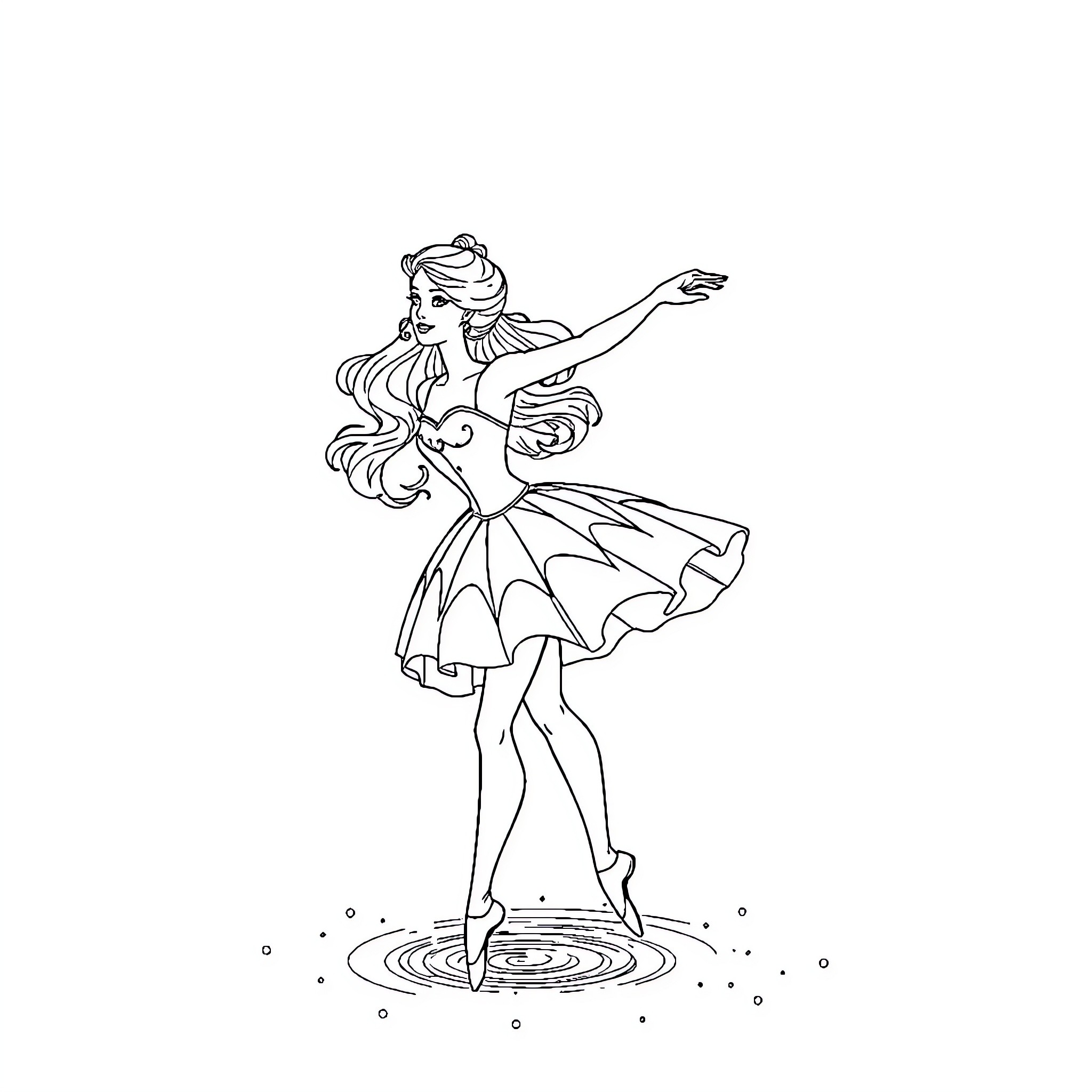 Barbie dancing gracefully in a magical scene Coloring Page (free black-and-white line drawing printable PDF for all, from beginners to advanced learners, including children, teens, adults, and seniors)