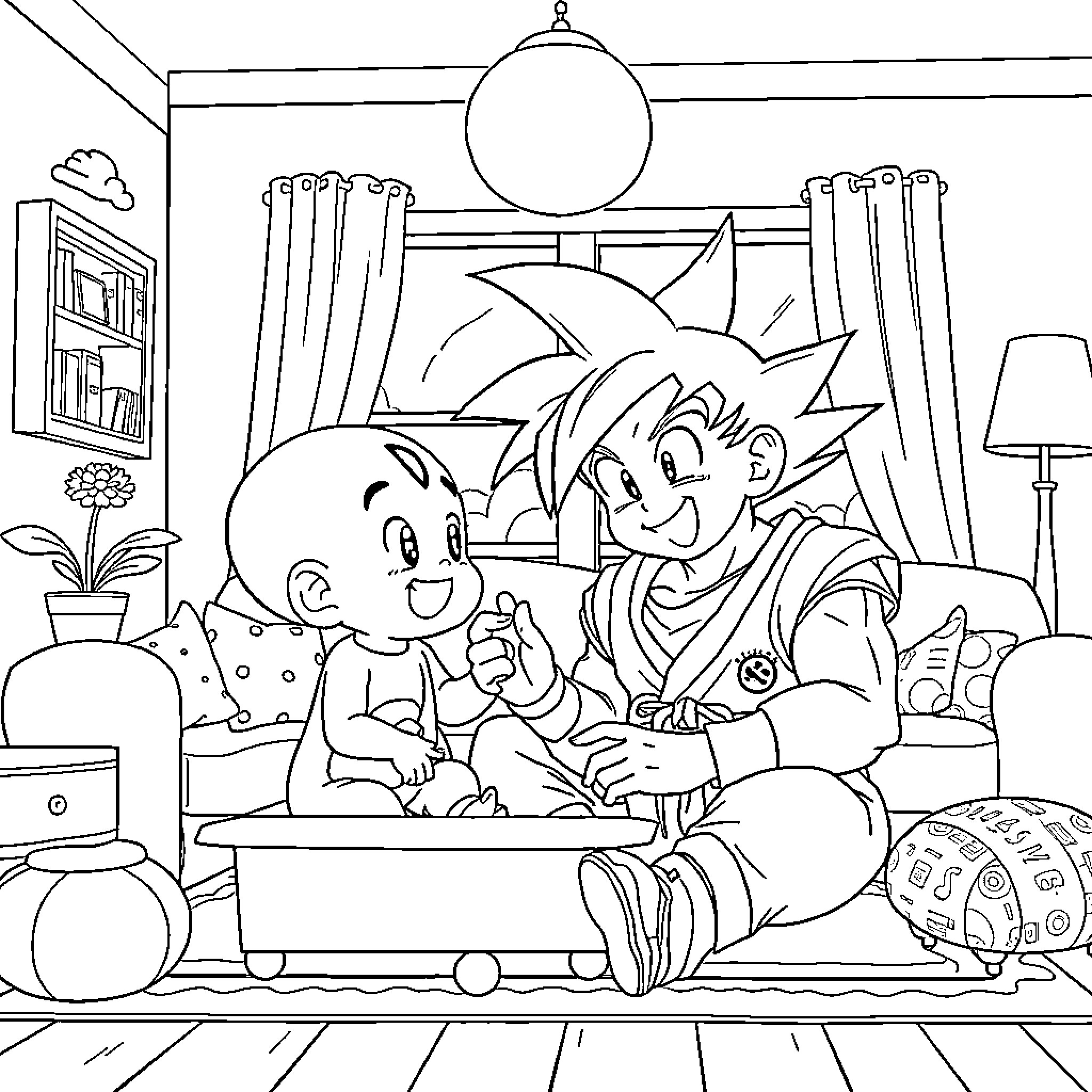 Bluey and sibling playing happily in the living room Coloring Page (free black-and-white line drawing printable PDF for all, from beginners to advanced learners, including children, teens, adults, and seniors)