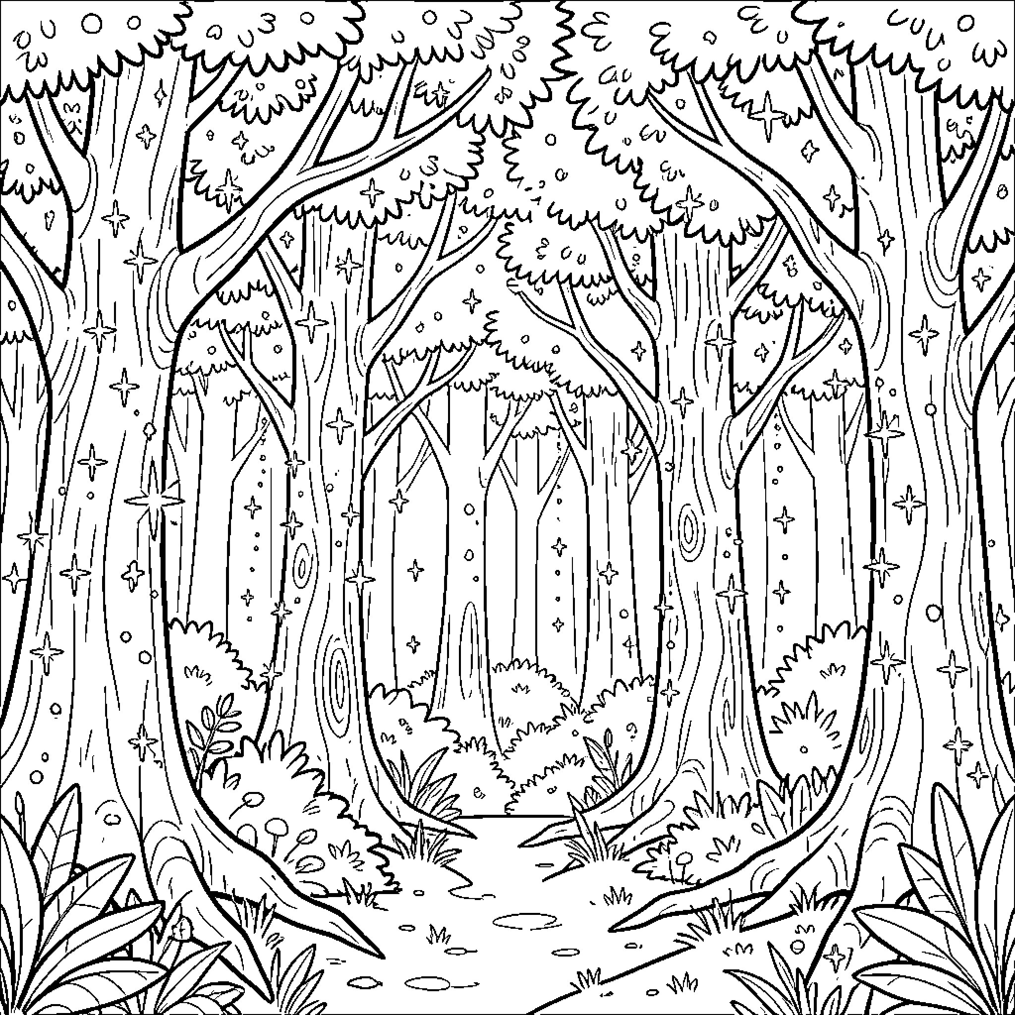 Forest landscape with tall trees and sparkling stars Coloring Page (free black-and-white line drawing printable PDF for all, from beginners to advanced learners, including children, teens, adults, and seniors)