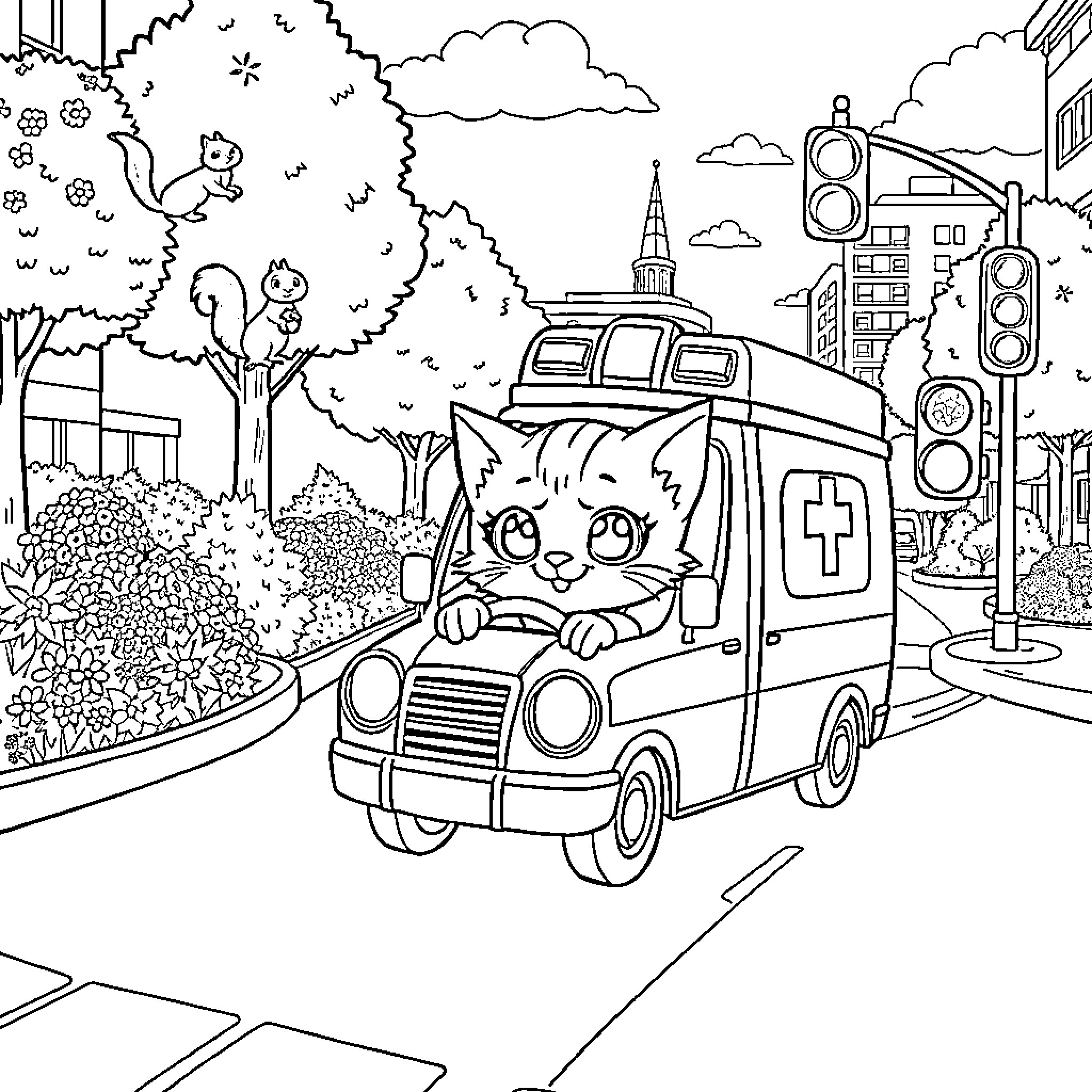 Kitten riding in emergency vehicle on city street Coloring Page (free black-and-white line drawing printable PDF for all, from beginners to advanced learners, including children, teens, adults, and seniors)