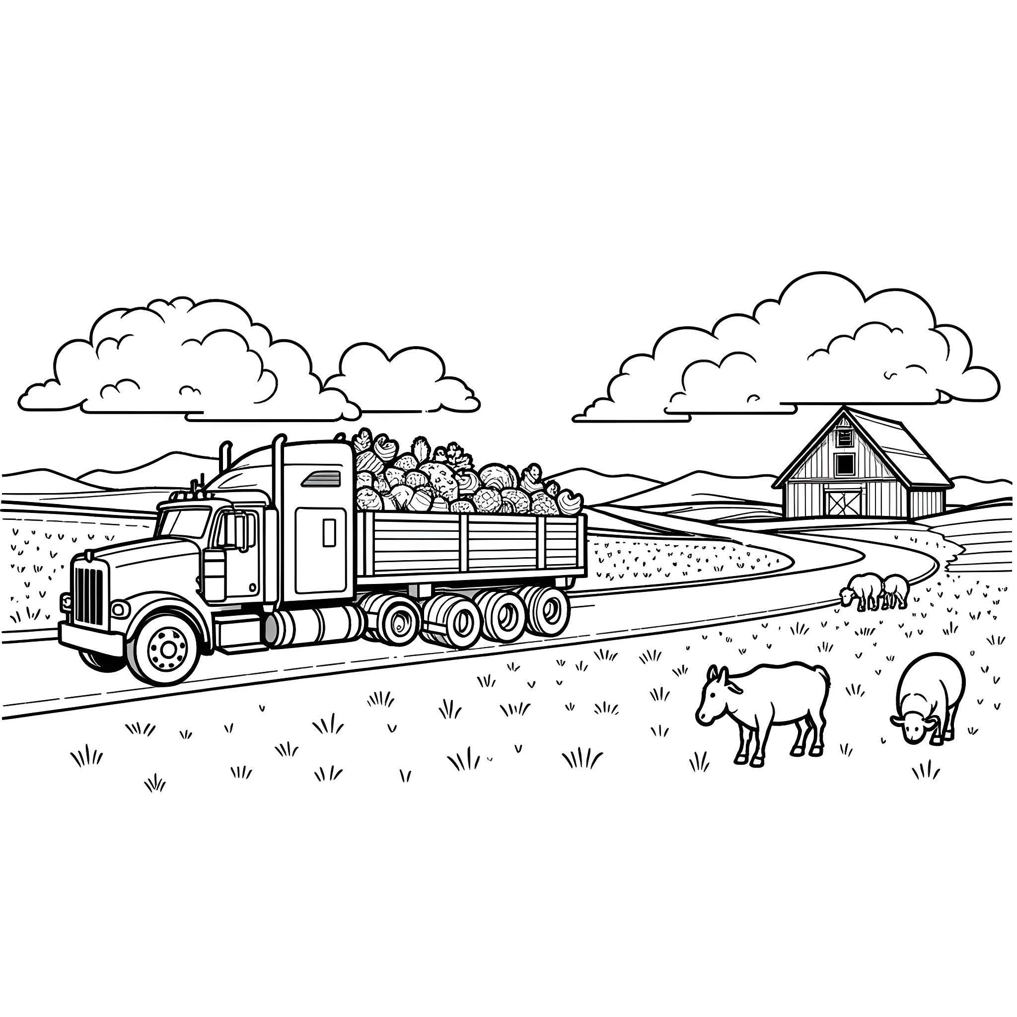 Farm Semi Transporting Crops on Rural Road Coloring Page (free black-and-white line drawing printable PDF for all, from beginners to advanced learners, including children, teens, adults, and seniors)