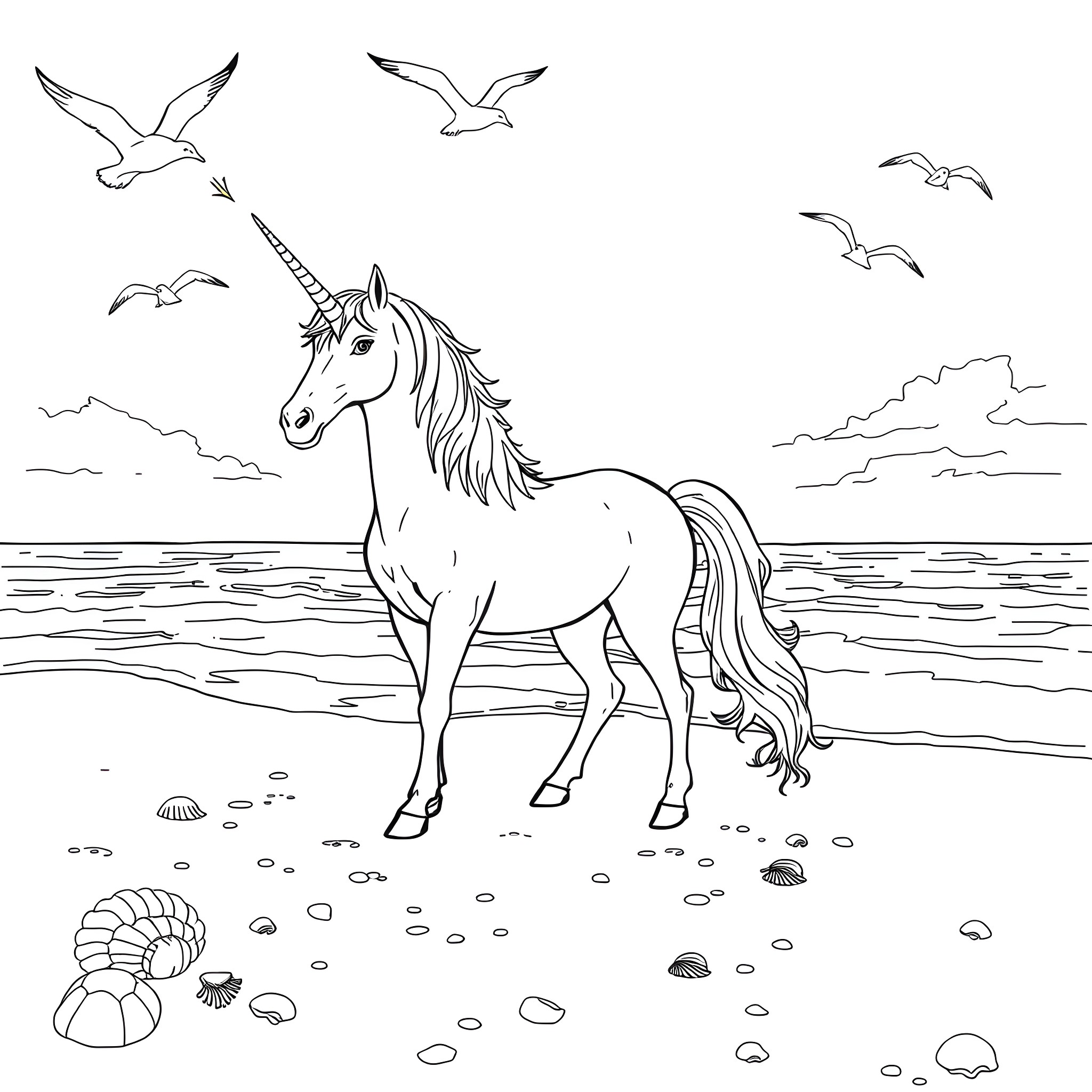 Unicorn standing on the beach with seagulls Coloring Page (free black-and-white line drawing printable PDF for all, from beginners to advanced learners, including children, teens, adults, and seniors)