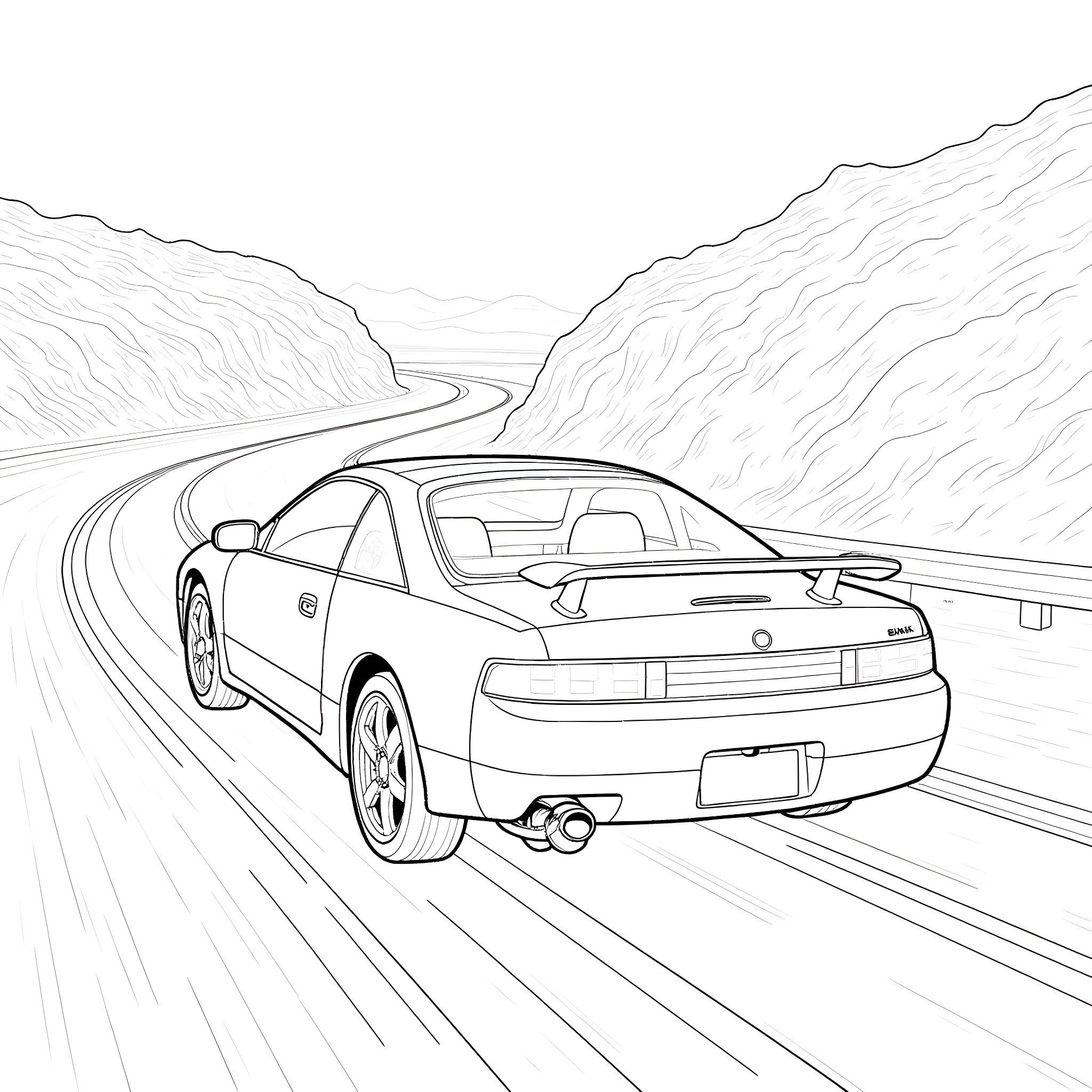 Nissan 240sx driving on a winding mountain road Coloring Page (free black-and-white line drawing printable PDF for all, from beginners to advanced learners, including children, teens, adults, and seniors)