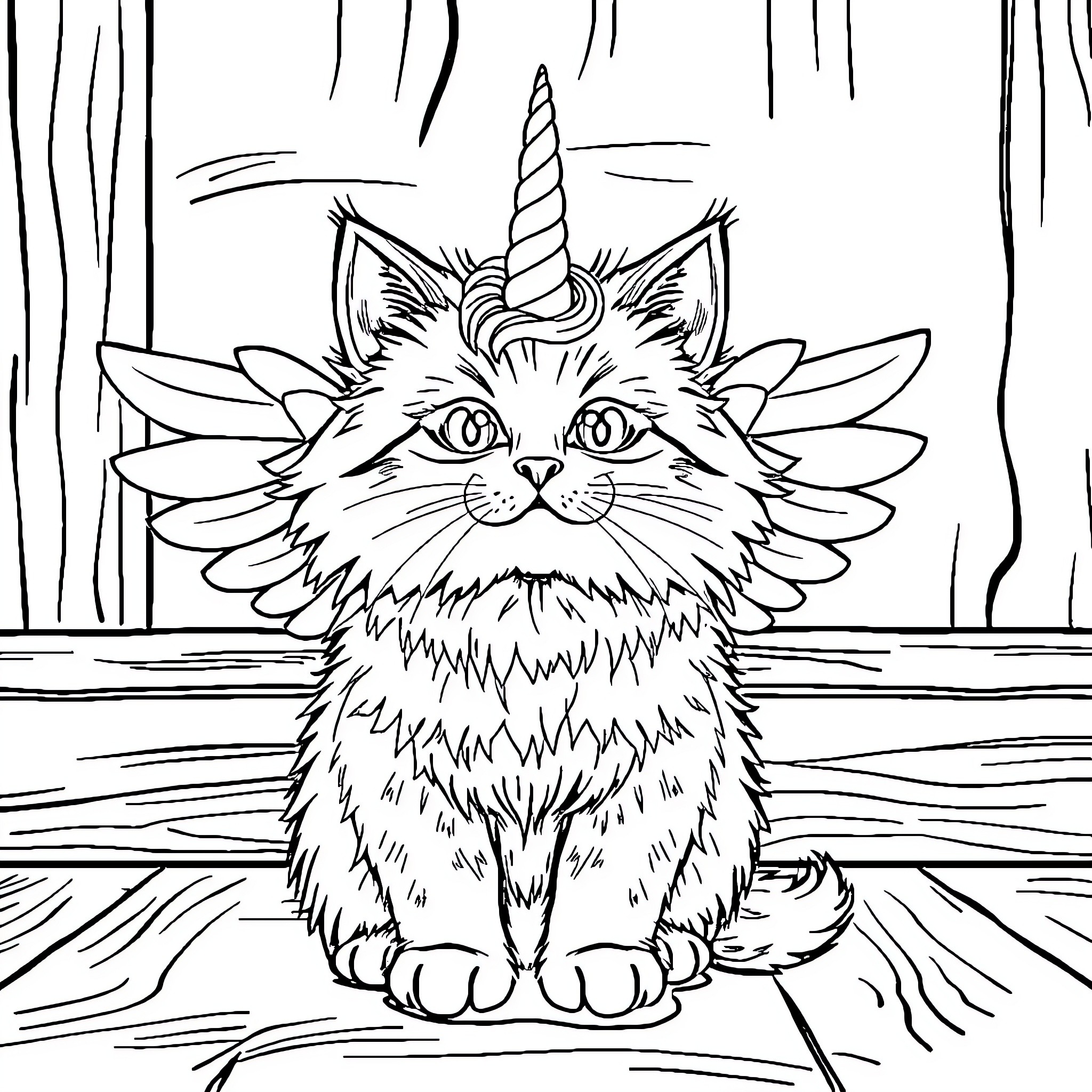Cat unicorn in fantasy forest Coloring Page (free black-and-white line drawing printable PDF for all, from beginners to advanced learners, including children, teens, adults, and seniors)